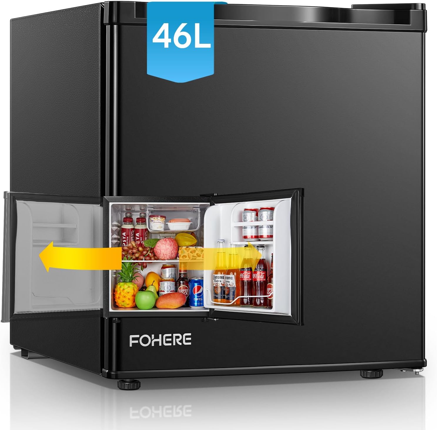 FOHERE Mini frigo bar 46L, Frigorifero Piccolo, Silenzioso, Temperatura Regolabile, Porta Reversibile, Ripiani Rimovibili, Per applicazioni in Hotel, Casa, Ufficio, B&B, Nero