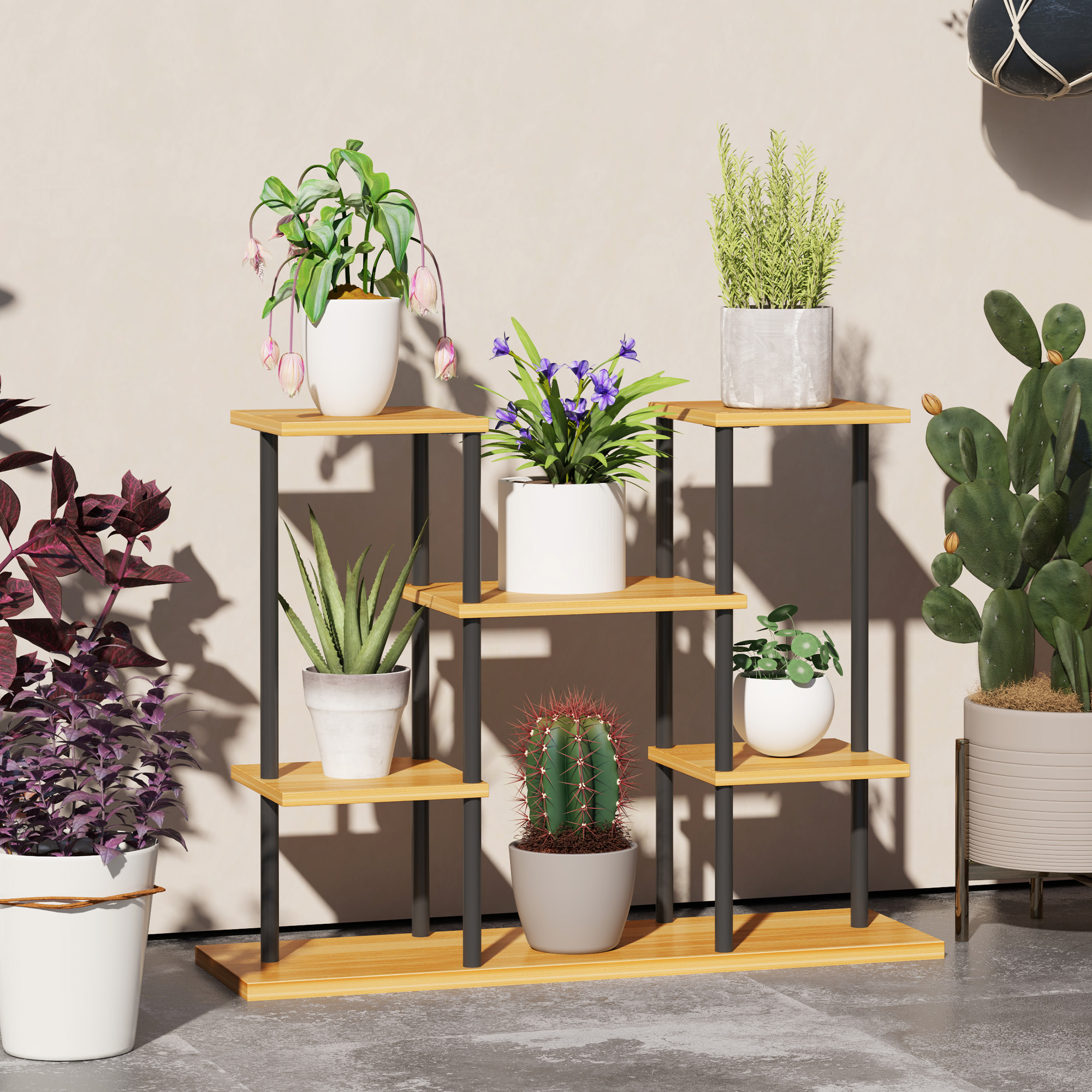 Outsunny Pflanzenständer für den Innenbereich, 6-stufiges Pflanzenregal, Stahlrahmen und massive Holzbasis 80 x 24 x 61,5 cm Naturholz