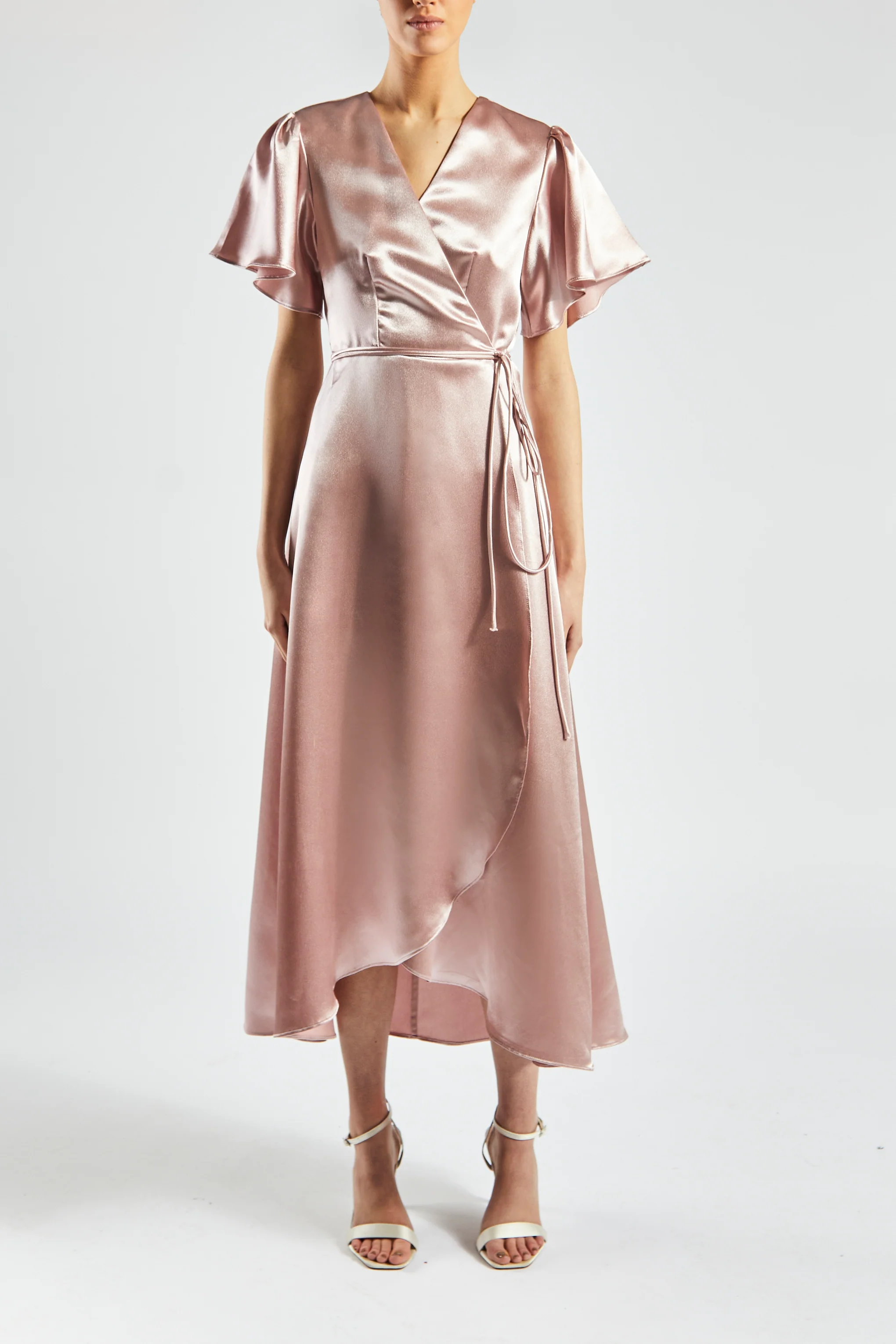 Serena Champagne-Satin Bridesmaid Wrap Midi-Dress