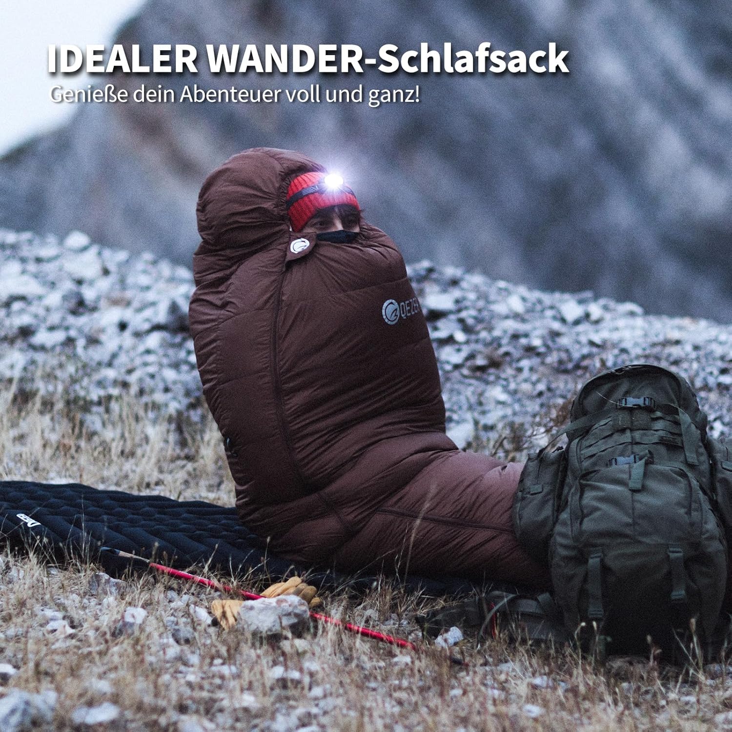 Daunenschlafsack, Winterschlafsack, gefüllt mit 650er Entendaunen. RDS-Zertifiziert. Geeignet für Temperaturen von 8 °C bis -30 °C, ideal zum Campen und Bergsteigen.