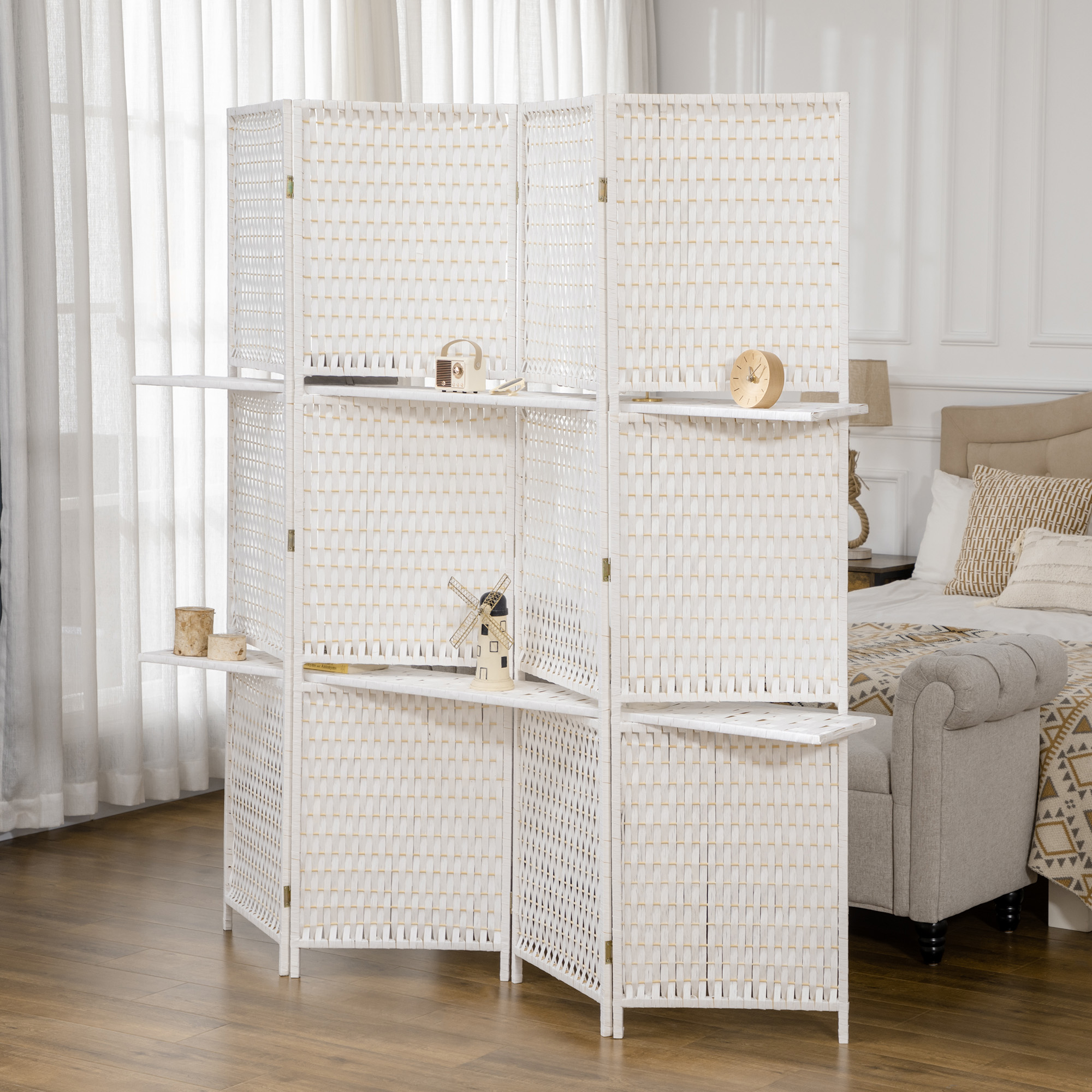HOMCOM Raumteiler 4 Panel 2 Regale faltbar weiß paille