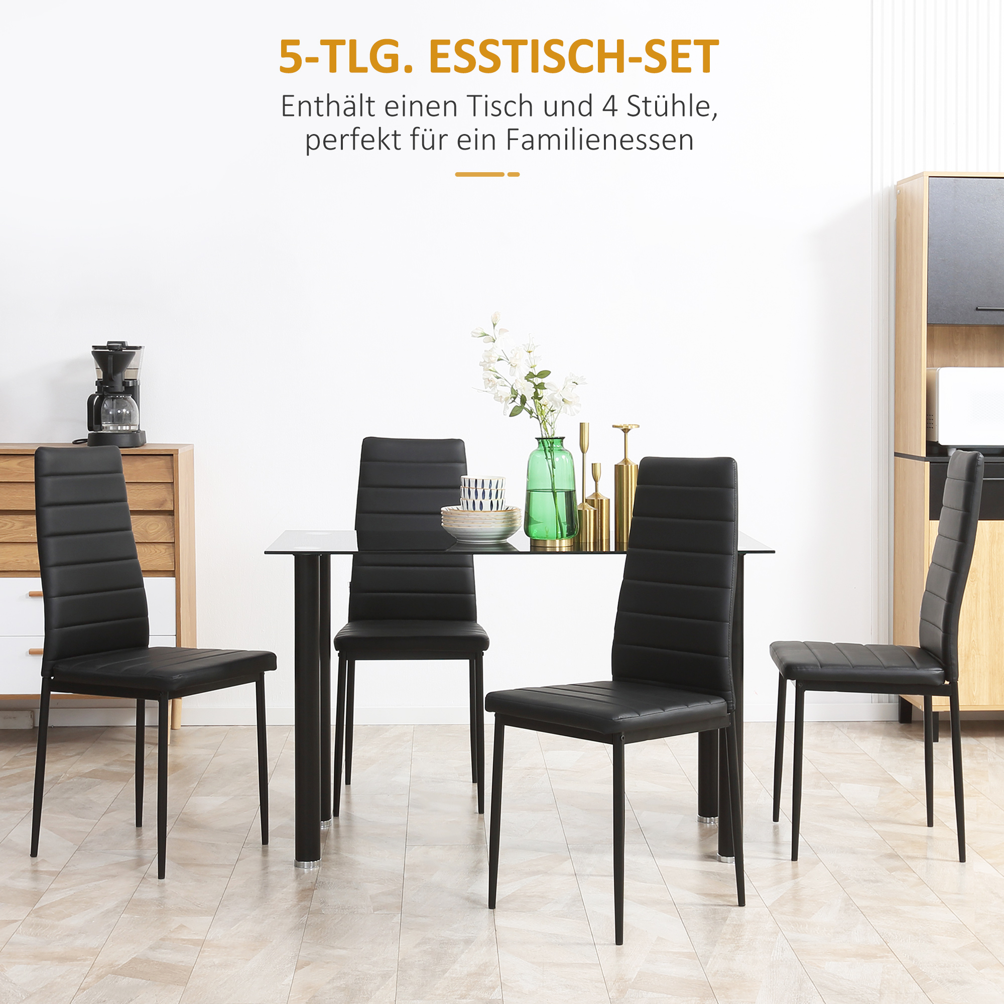 5-delige Eetkamerset Tafel en 4 Stoelen, Modern Design, Glazen Tafel, Zwart