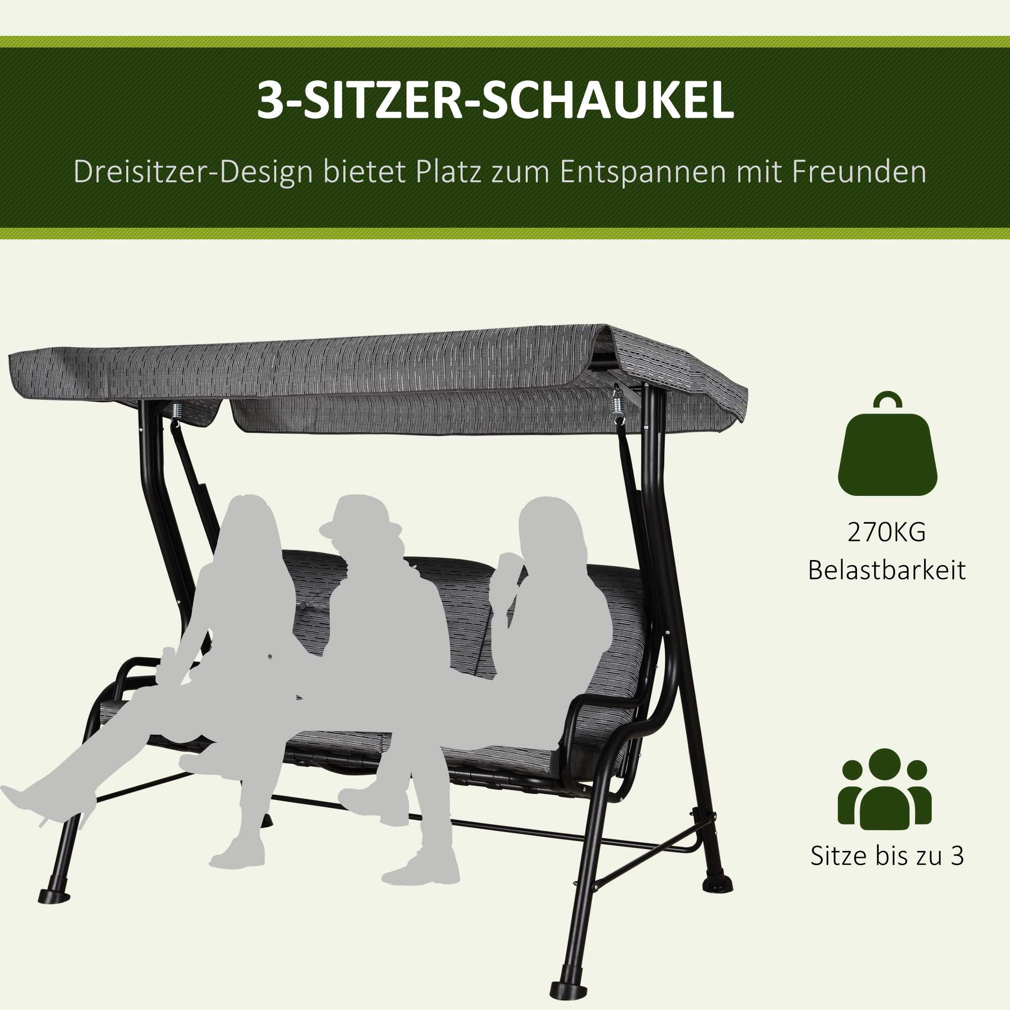 Outsunny Hollywoodschommel 3-zitten tuinschommel verstelbare zonnedak Textileen
