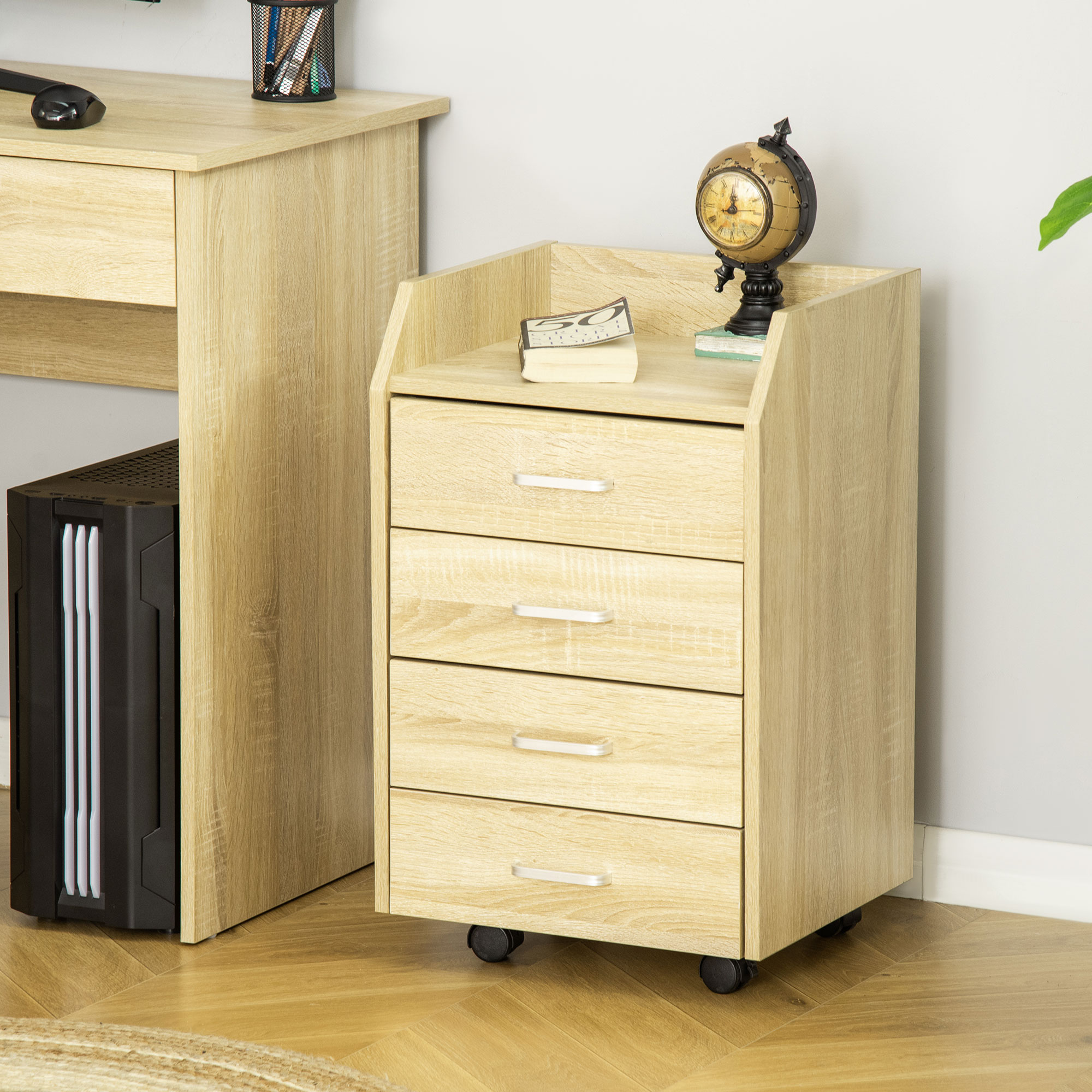 Vinsetto Rollcontainer Büro Aufbewahrung auf Rollen 4 Schubladen MDF und Spanplatten 40L x 36B x 65H cm natürlich