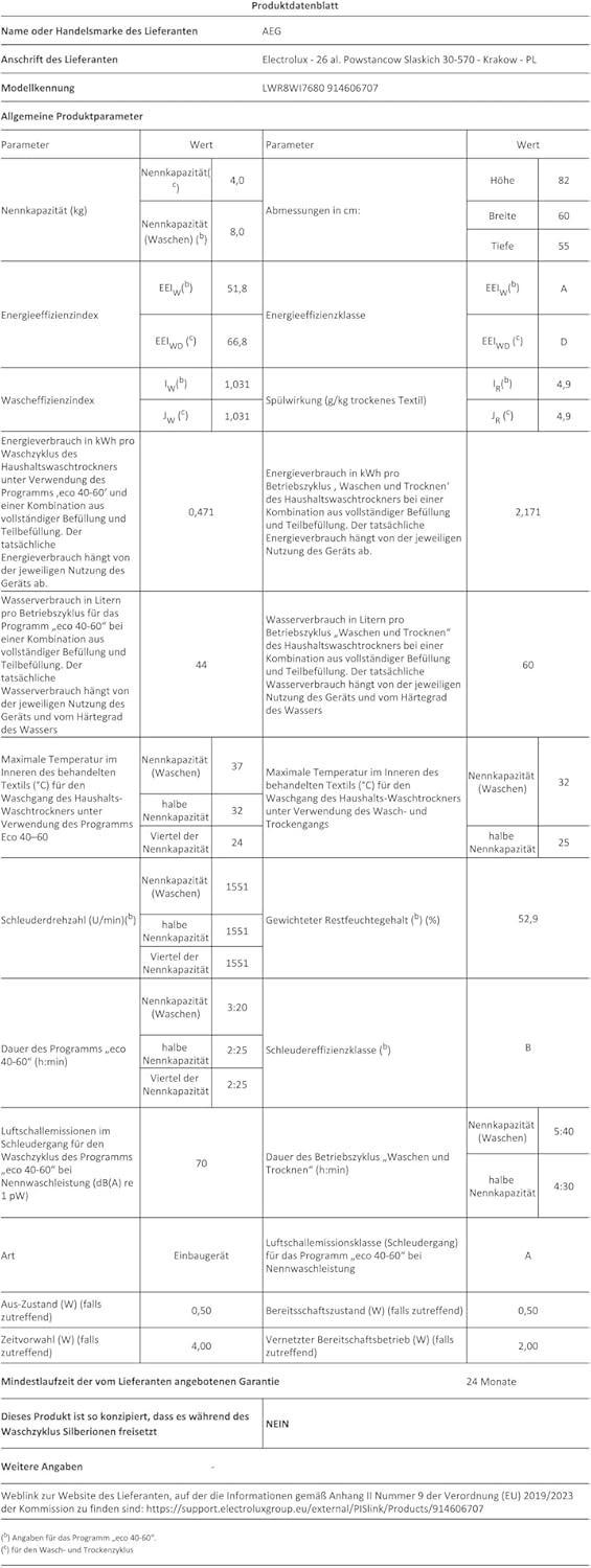 AEG L7WBA60680 Waschtrockner / DualSense - schonende Pflege / 8 kg Waschen / 5 kg Trocknen / D / energiesparend / Mengenautomatik / Nachlegefunktion / ProSteam - Auffrischfunktion / 1600 U/min