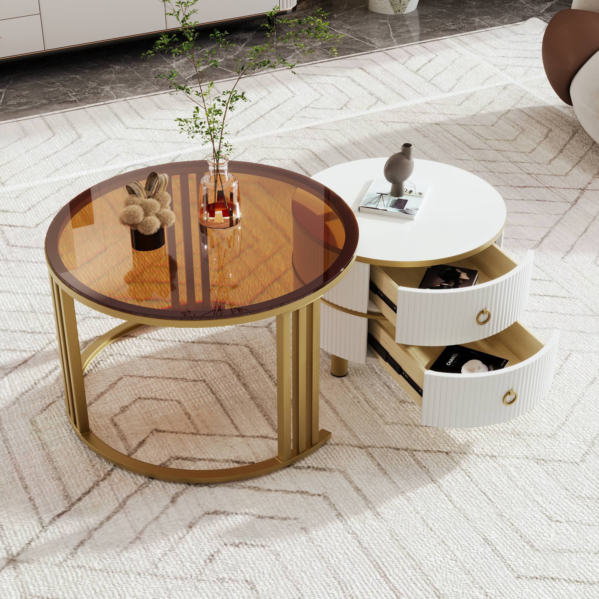 Couchtisch rund 70x70 cm und 50x50 cm, Runder Couchtisch mit Schubladen, Modernes Design für Wohnzimmer, Weiß+Braun