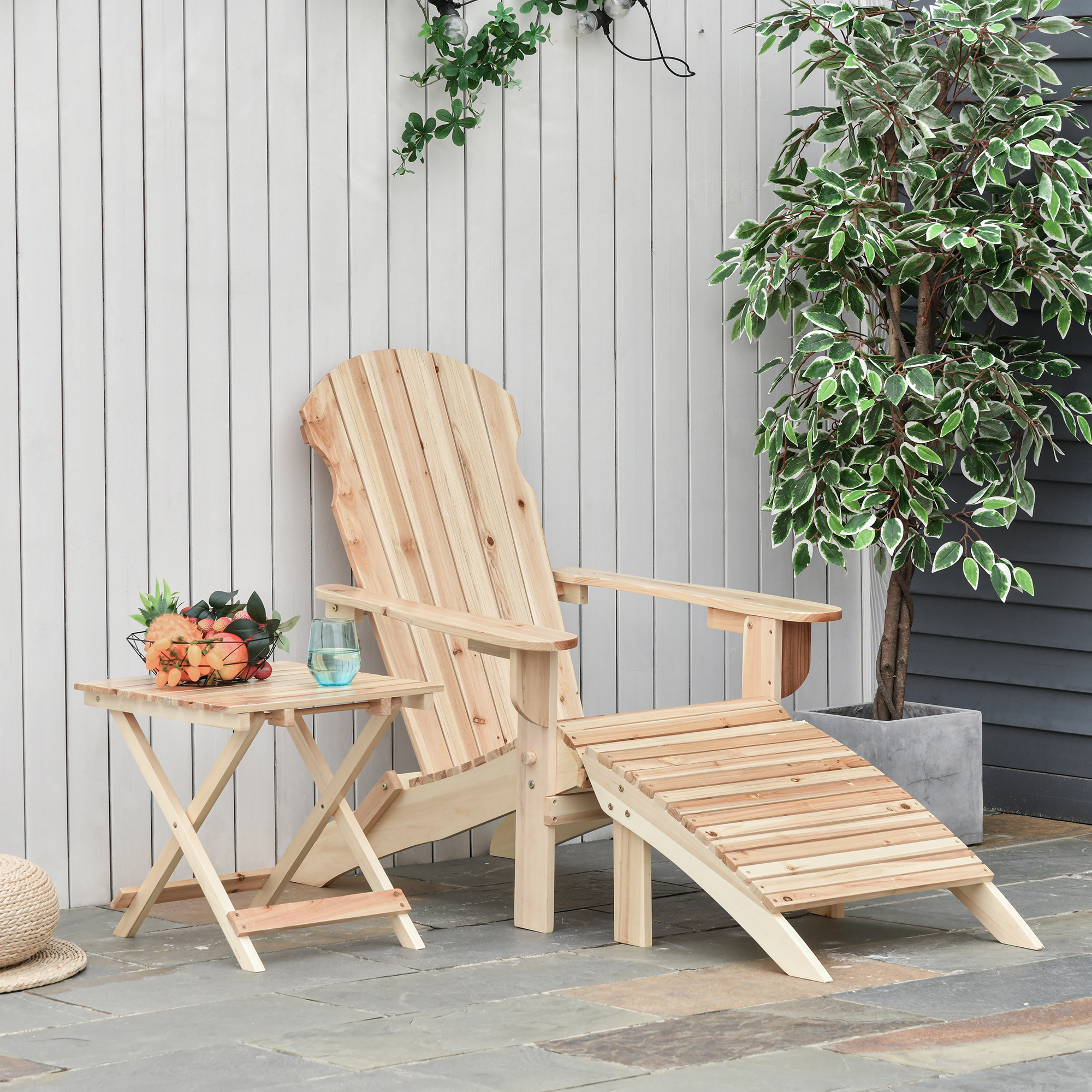 Outsunny Gartenstuhl Adirondack klappbar mit Fußhocker und Beistelltisch aus naturbelassenem Tannenholz