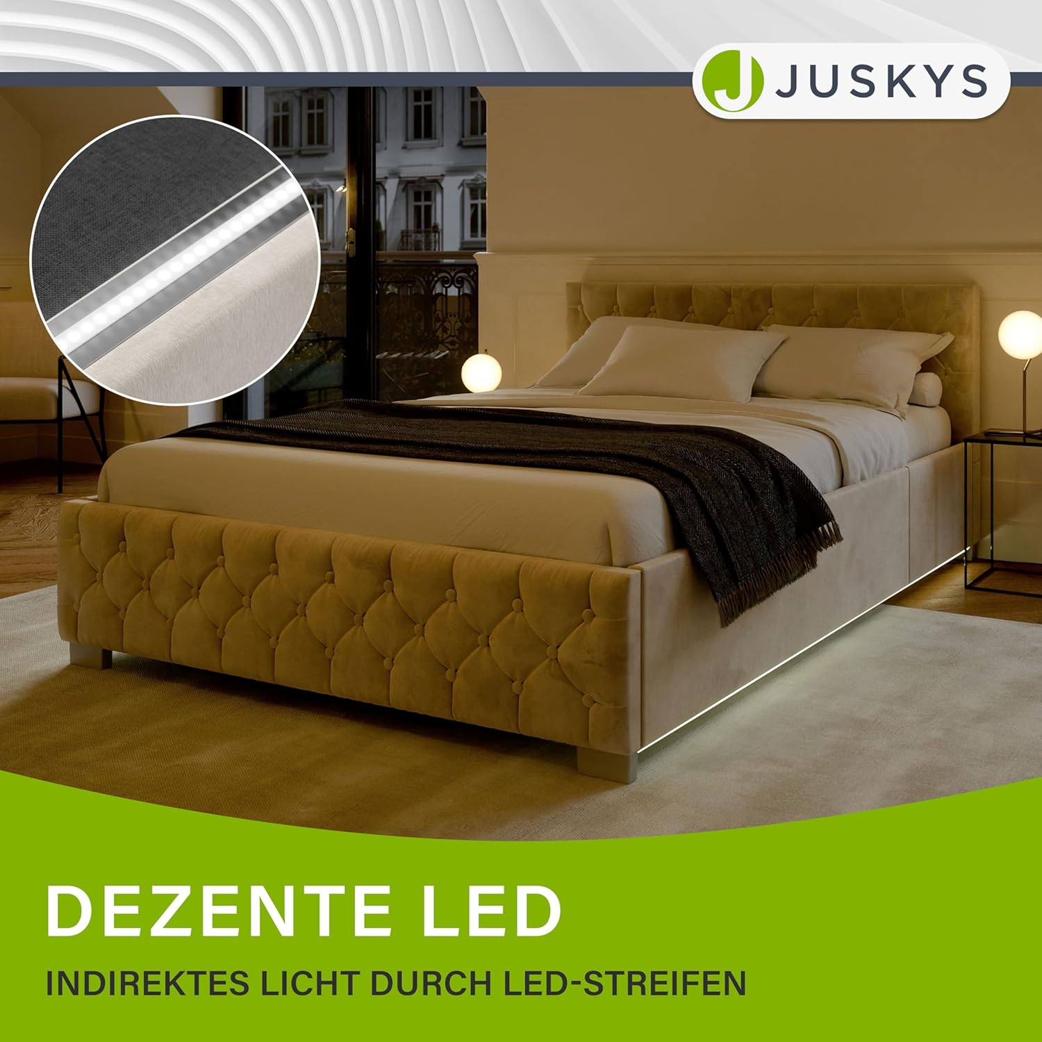 Juskys Polsterbett Nizza 120x200 cm mit Matratze, Bettgestell mit Lattenrost, Stauraum & LED Beleuchtung, Samtbezug, Chesterfield-Steppung, Beige