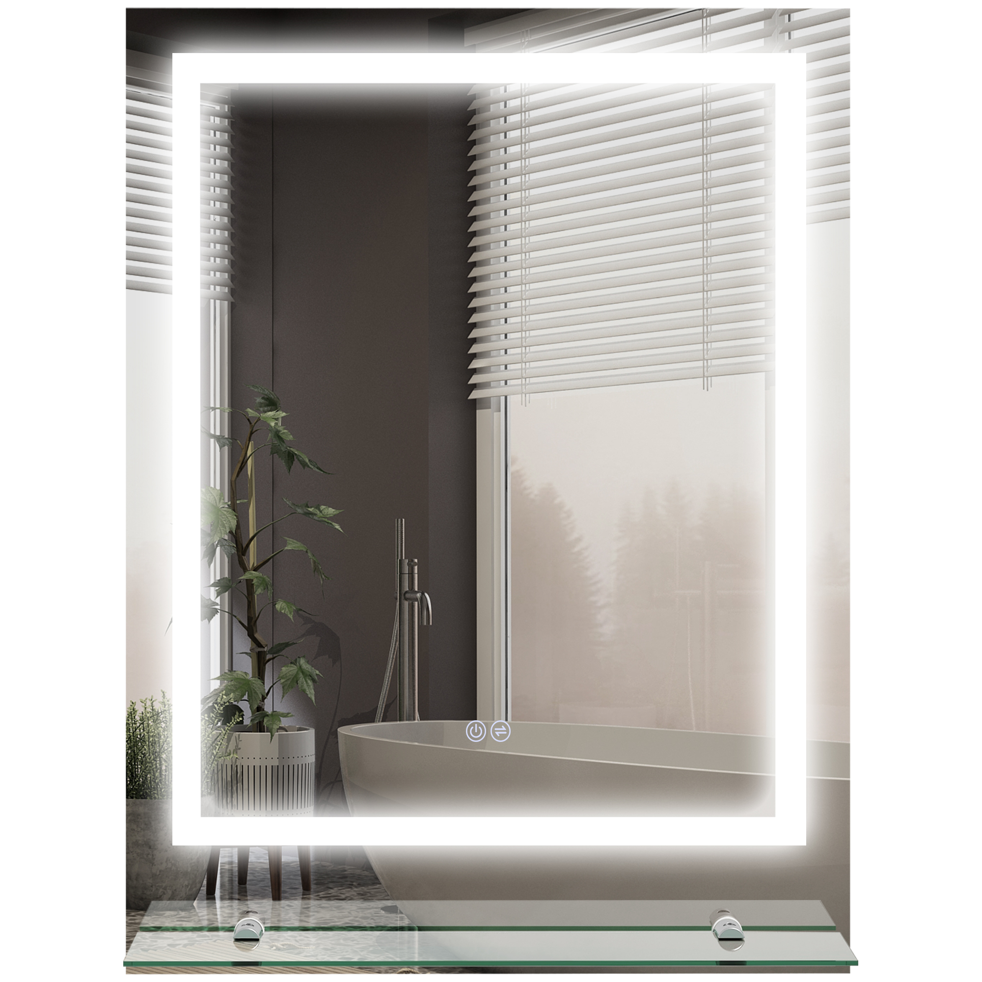 kleankin Rechteckiger LED-Badezimmerspiegel mit Beleuchtung und Glasregal, 80 x 60 cm