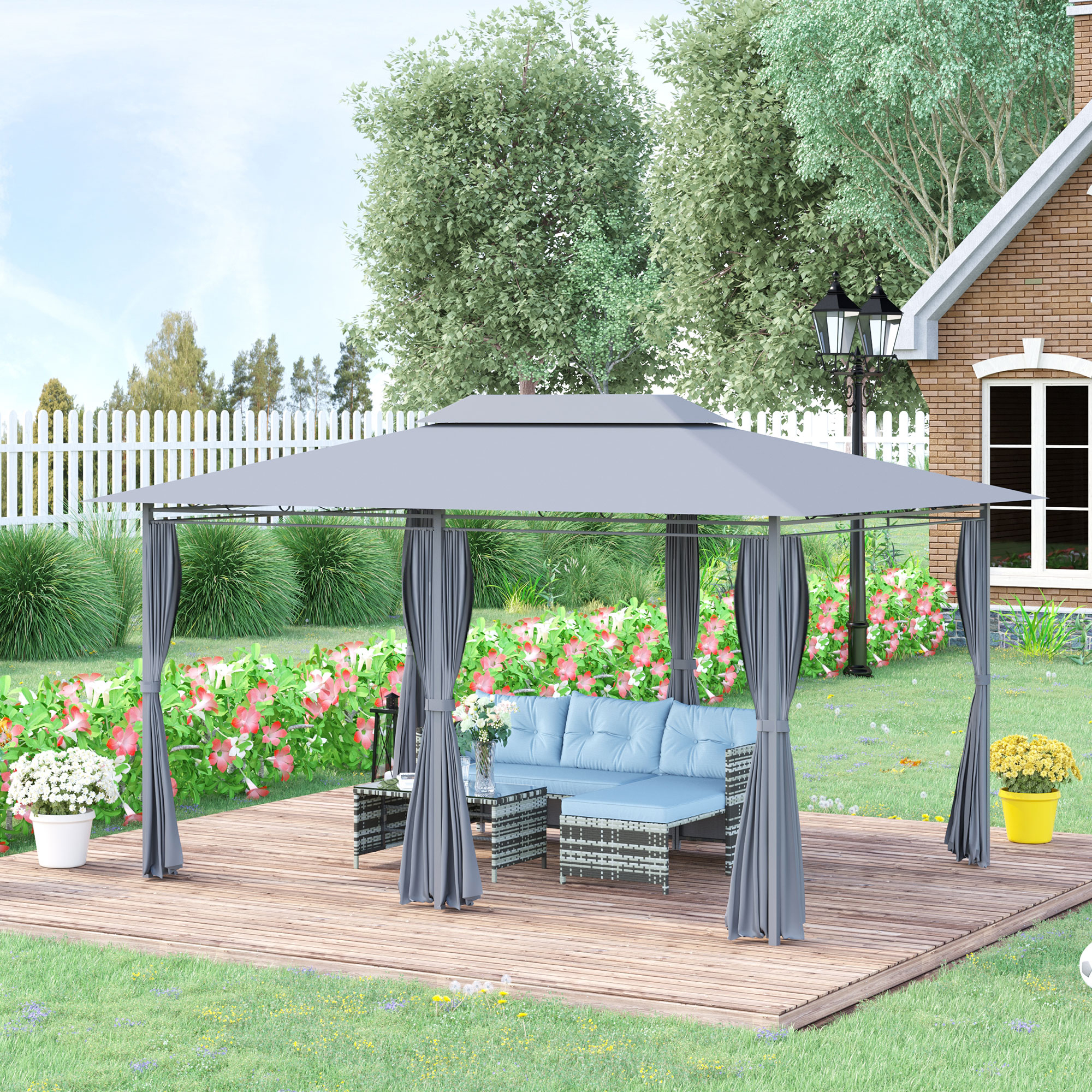Outsunny Gartenpavillon Pavillon im Kolonialstil mit Doppeldach und abnehmbaren Seitenvorhängen 3L x 4B x 2,8H m Grau