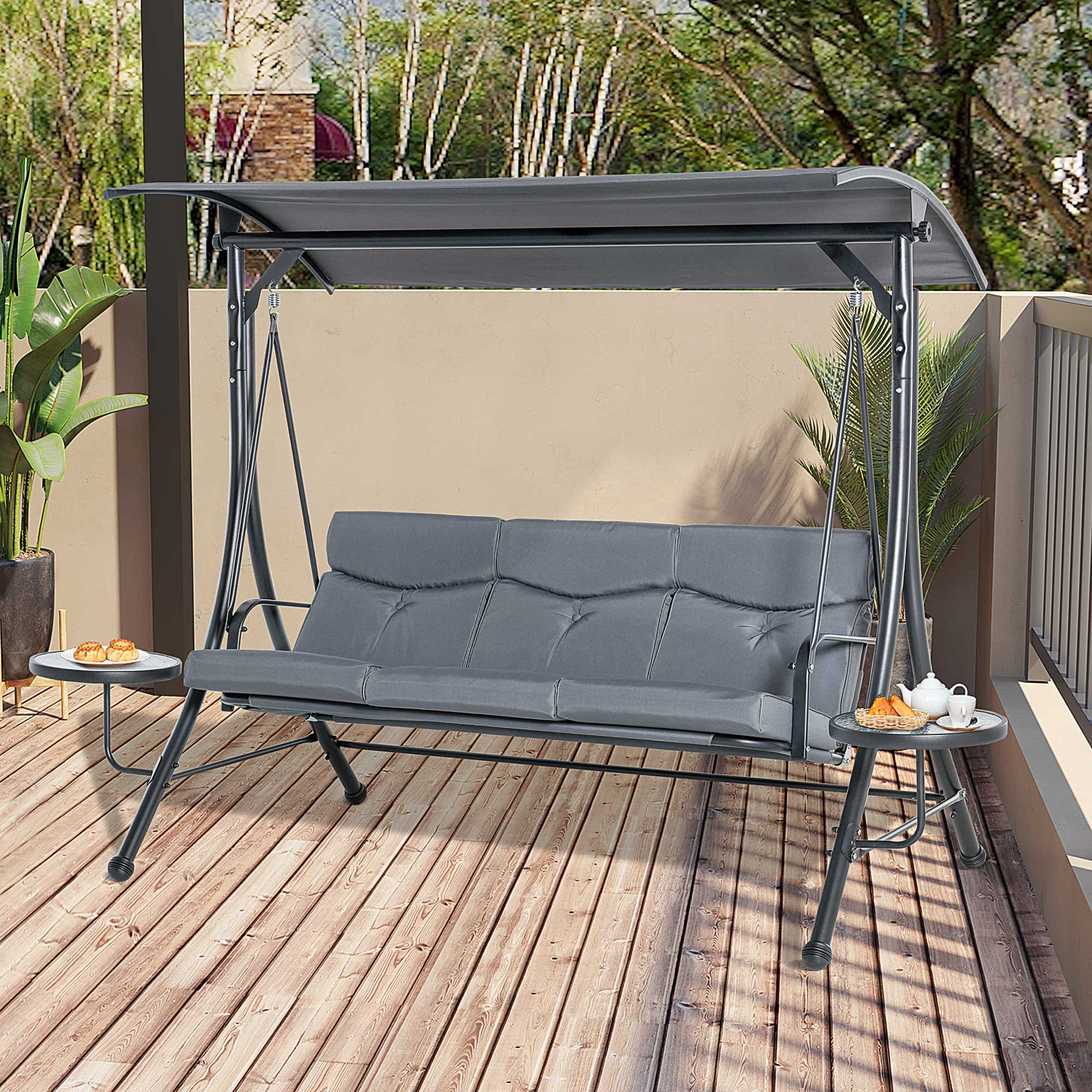 Outsunny Hollywoodschaukel 3-Sitzer Gartenschaukel Schaukelbank mit verstellbarem Sonnendach Teetisch Stahl Polyester Grau+Schwarz 271 x 125 x 177 cm