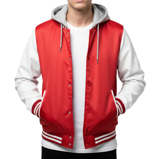 12 Pack Men's Midweight Hooded Varsity Jacket �C  Red / White