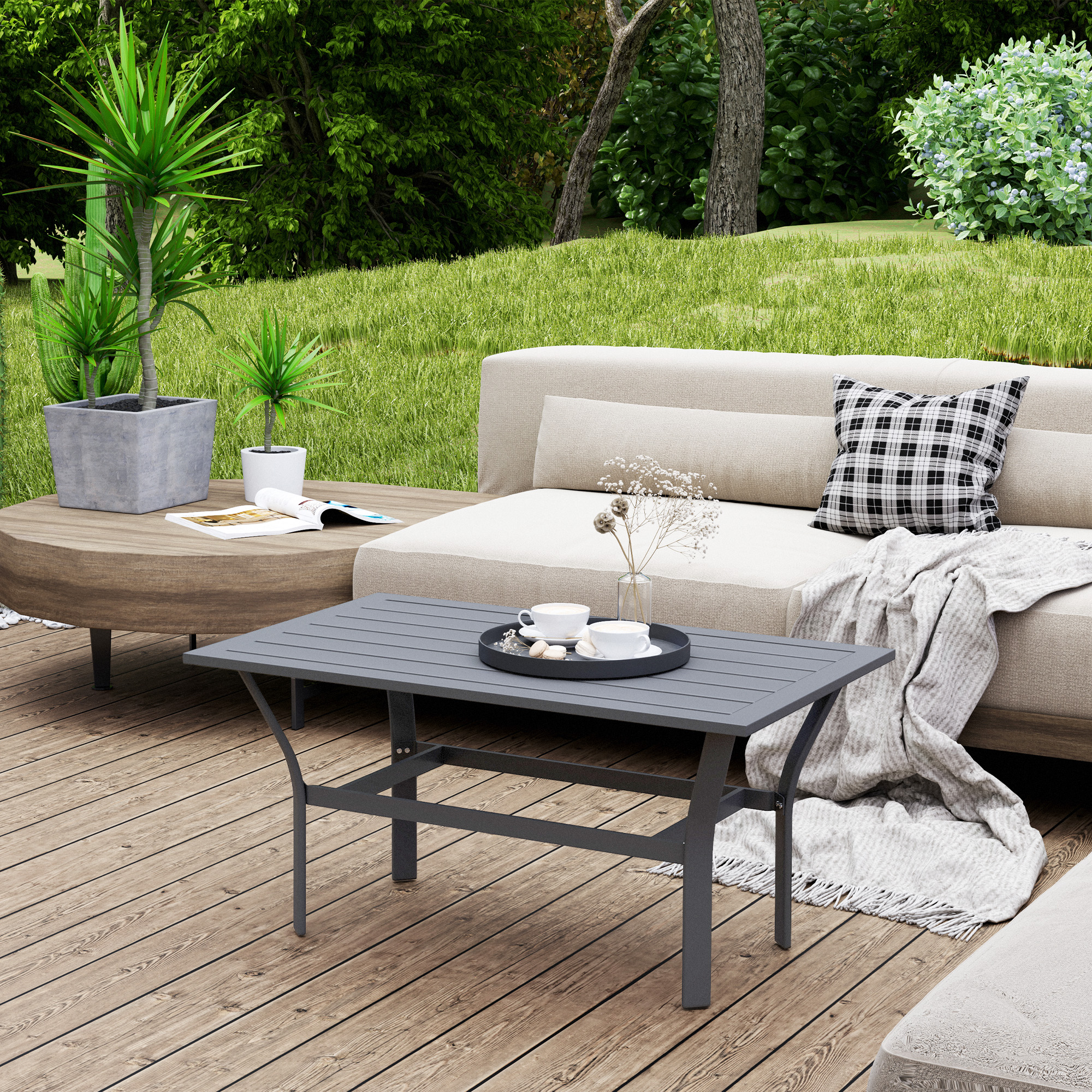 Outsunny Beistelltisch Metall Balkontisch mit Lamellendesign wetterfest Kaffeetisch Gartentisch 91,5 x 55 x 45 cm Dunkelgrau
