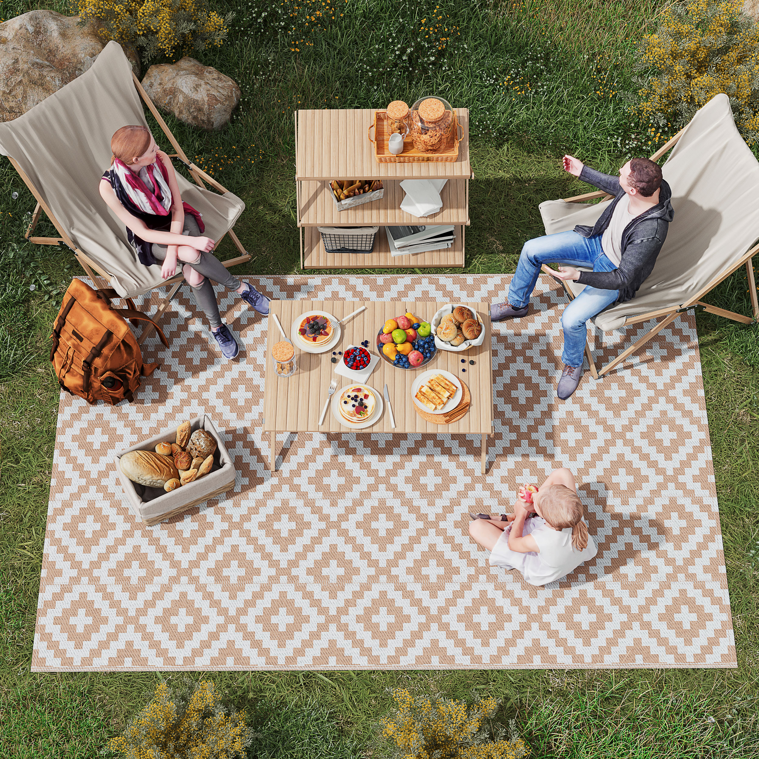 Outsunny Garten Teppich Grafisches Design - Reversible Doppelmuster - Maße 2,74L x 1,82B m - Hochdichtepolypropylen 310 g/m² Weiß Beige