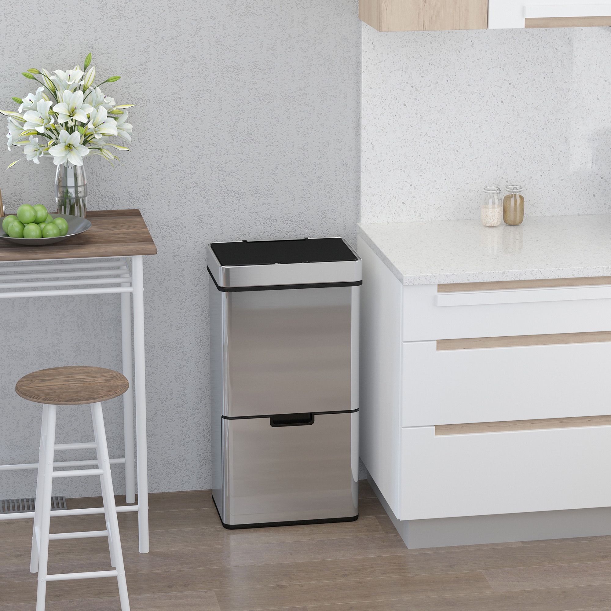 HOMCOM Mülleimer mit Sensor 47L + 2 x 12,5L Automatischer Abfalleimer mit Bewegungssensor, Wasserdichtes Mülltrennsystem aus Edelstahl für Küche Silber