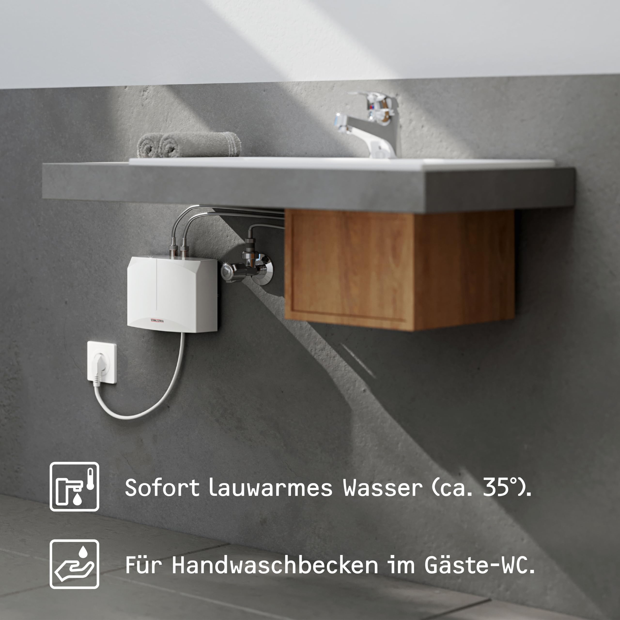Hydraulischer Mini-Durchlauferhitzer DHM 3 für Handwaschbecken, 3,5 kW, 230 V, druckfest und drucklos, mit Stecker