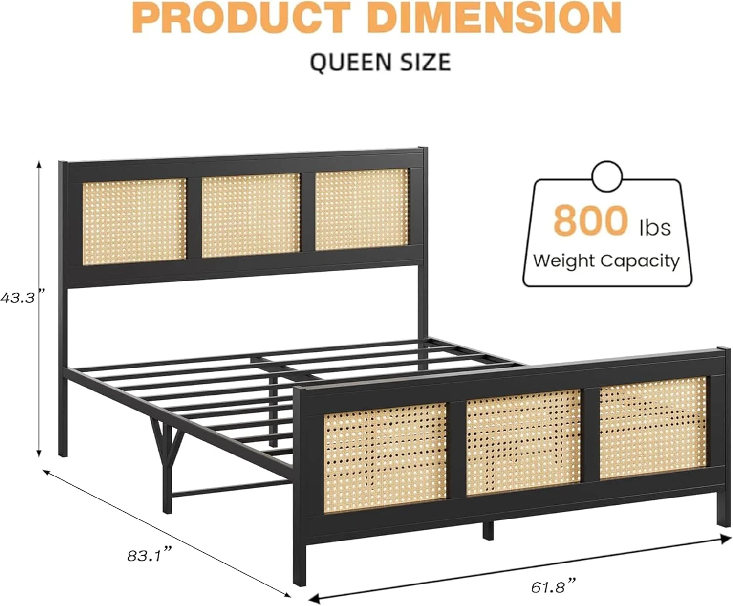 Garvee Queen Size Bed Frame with Headboard, Bohemian Rattan Platform Bed Frame with Strong Metal Slats Support, No Box Spring Needed, Noise-Free Design, Black