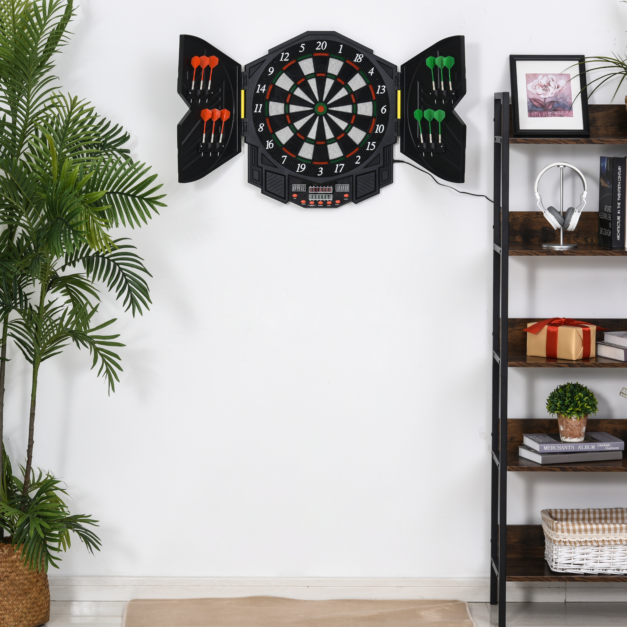 SPORTNOW Elektronische Dartscheibe Dartboard mit Sprachansagen Englische Stimme LED-Anzeigen 12 Darts 27 Spiele 216 Varianten Dartautomat mit Türen Dartscheibe Set für bis zu 8 Spieler