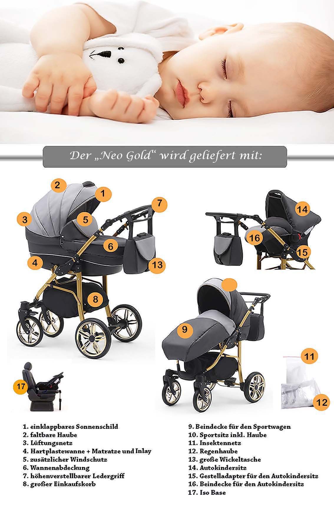 Kombi-Kinderwagen Neo Gold 5 in 1 inkl. Sportsitz, Autositz und Iso Base in 22 Farben