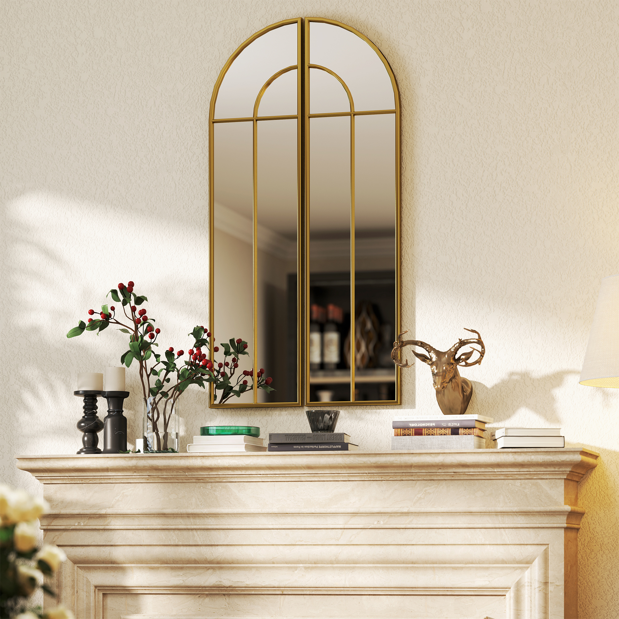 HOMCOM Bogen-Wandspiegel 30 x 120 cm, großer dekorativer Spiegel mit Metallrahmen, für Wohnzimmer, Schlafzimmer, Flur, in Gold