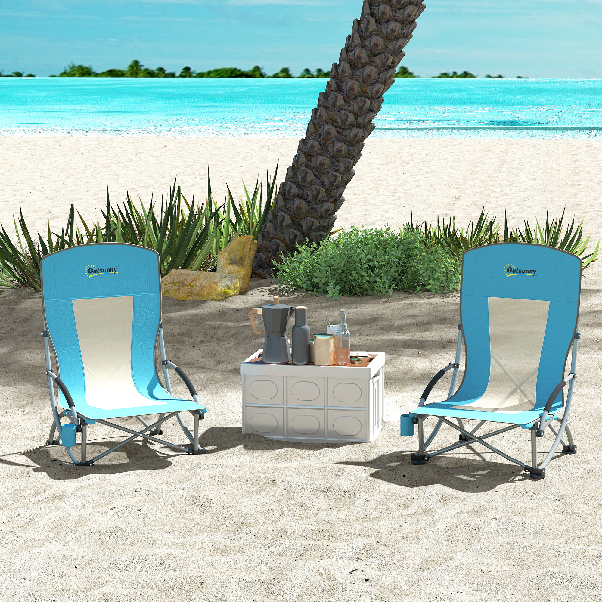 Outsunny 2er Set Campingstühle klappbar Campingstuhl mit Getränkehalter Netzrückenlehne bis 120 kg Blau