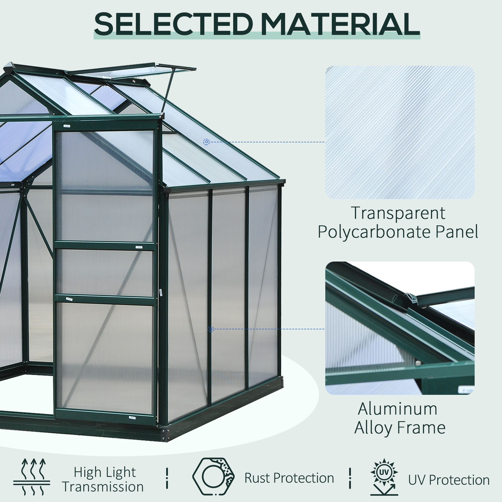 Outsunny aluminium kas met dakraam deur 190 x 192 x 201 cm, groen + transparant