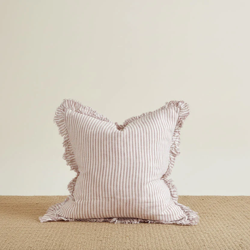 Pink Stripe Stonewashed Linen Cushion Cover �C Ruffled Edge, 45cm