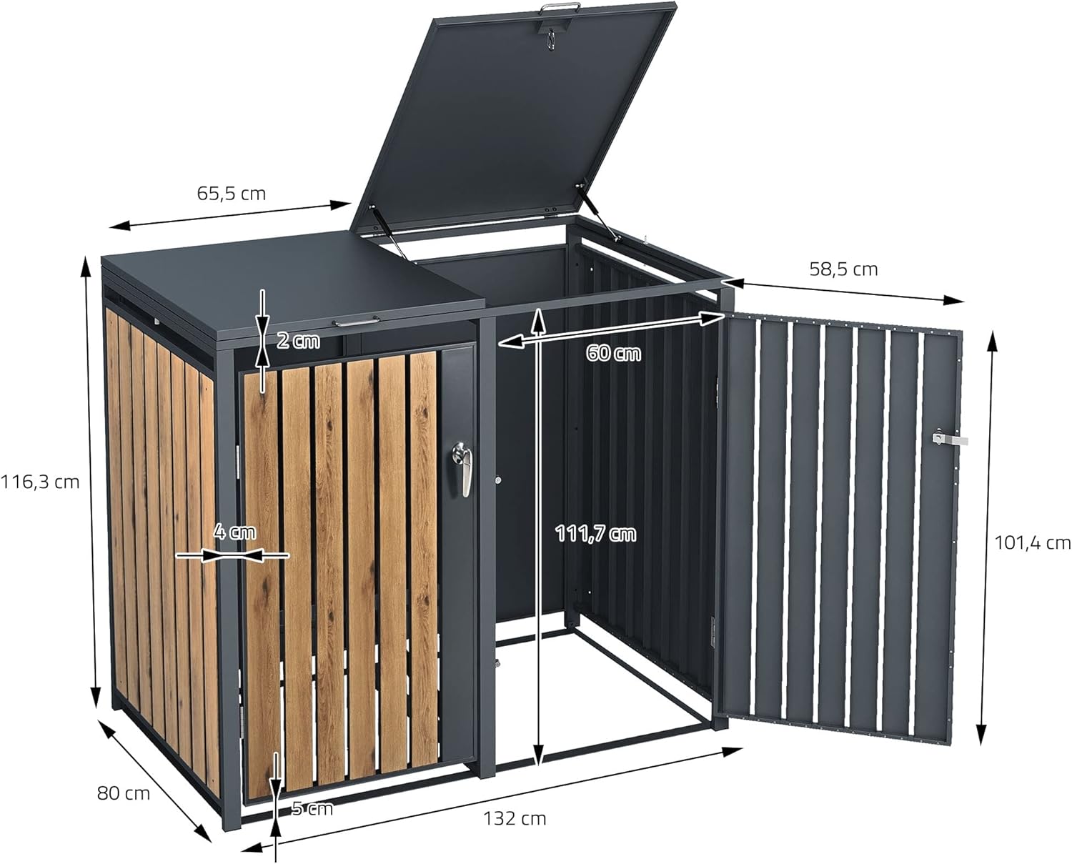 ML-Design Mülltonnenbox 4er 4 Tonnen 240L 264x80x116,3cm Anthrazit-Holzoptik, Stahl, wetterfest/abschließbar Mülltonnenverkleidung Klappdeckel/4 Türen, Müllbox Mülltonnecontainer Mülltonnenabdeckung