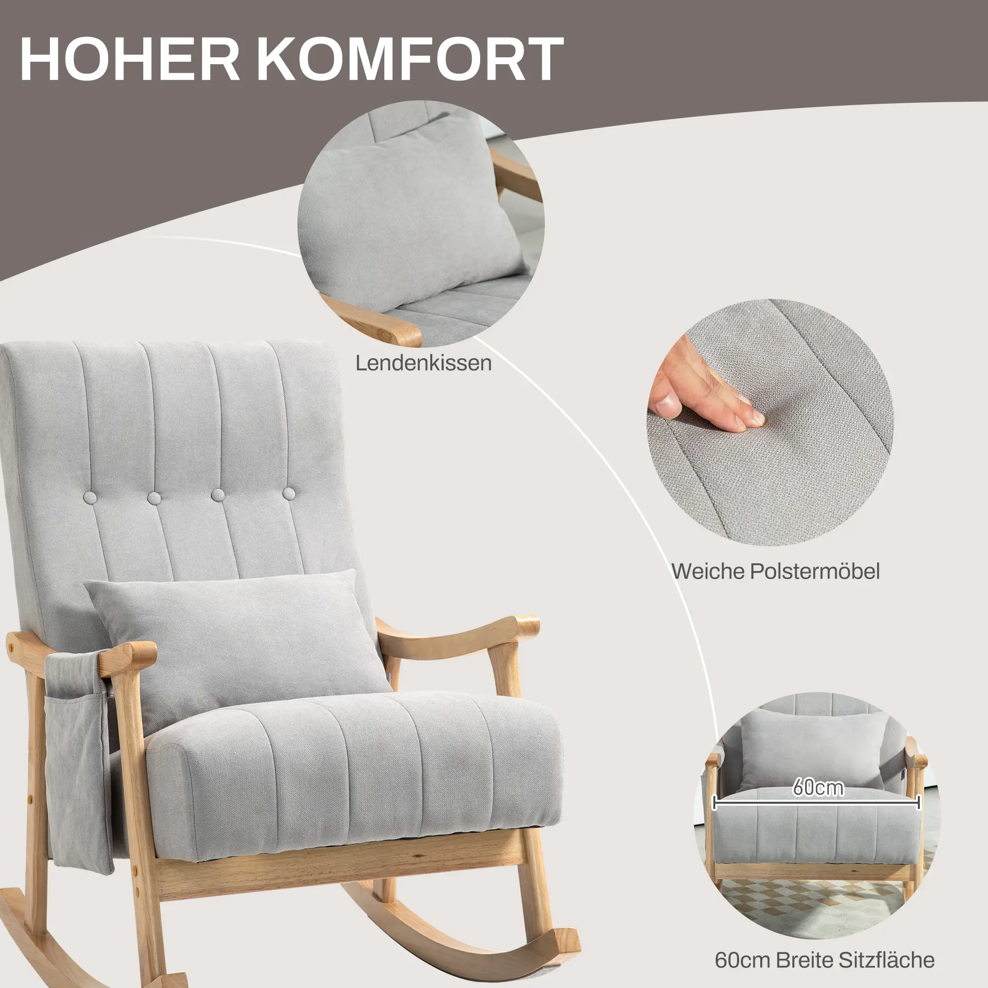 HOMCOM Schaukelstuhl mit Lendenkissen und Seitentasche