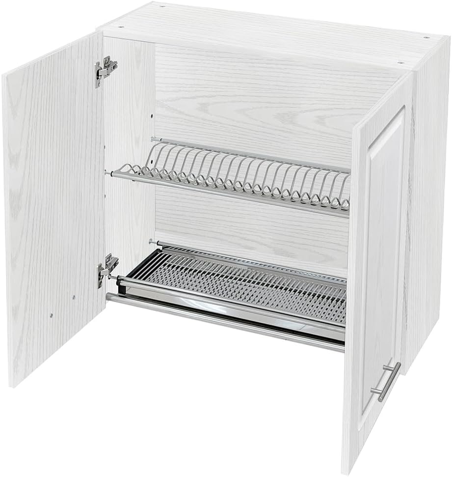 Shally Dogan Pensile Scolapiatti con Vassoio Salvagoccia da Cucina Design Boiserie, Mobile a Parete in Legno Resistente Armadio Sospeso con Due ante e Due Ripiani, 80 x 32 x 72H cm (Bianco Frassianto)