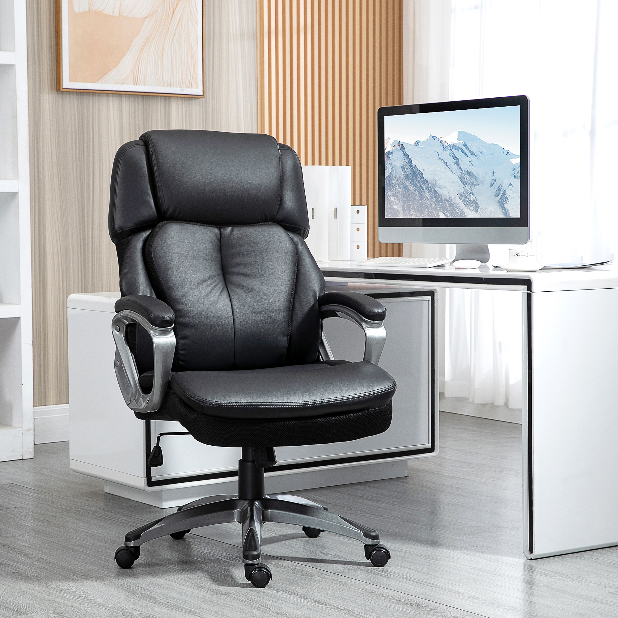 Vinsetto Bürostuhl Computerstuhl mit Wippenfunktion Kopfstütze ergonomischer Schreibtischstuhl drehbar höhenverstellbar Kunstleder Schwarz 68 x 76 x 117-125 cm