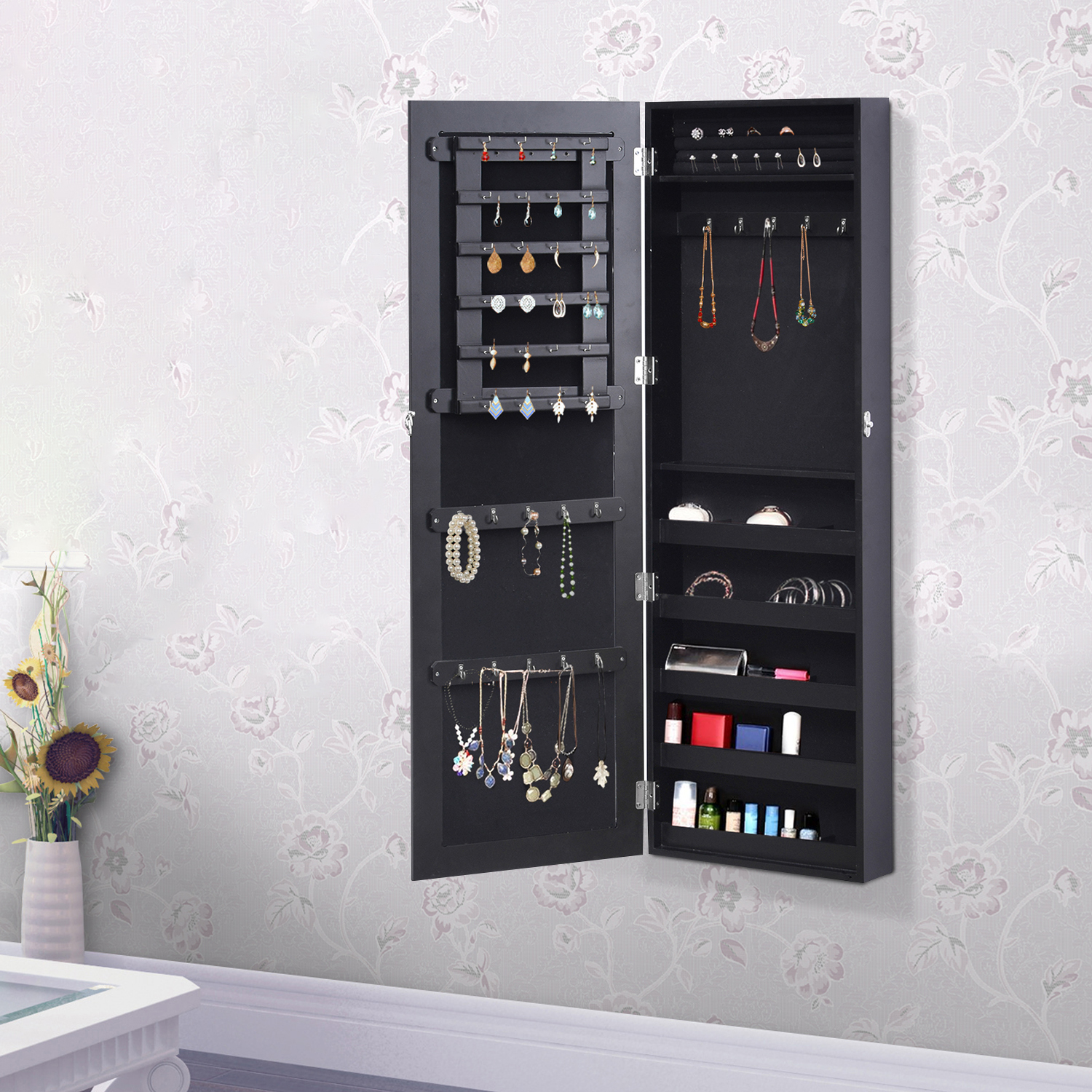 HOMCOM Wand-Schmuckschrank mit zeitgemäßem Design und Spiegel 37B x 10T x 112H cm Schwarz