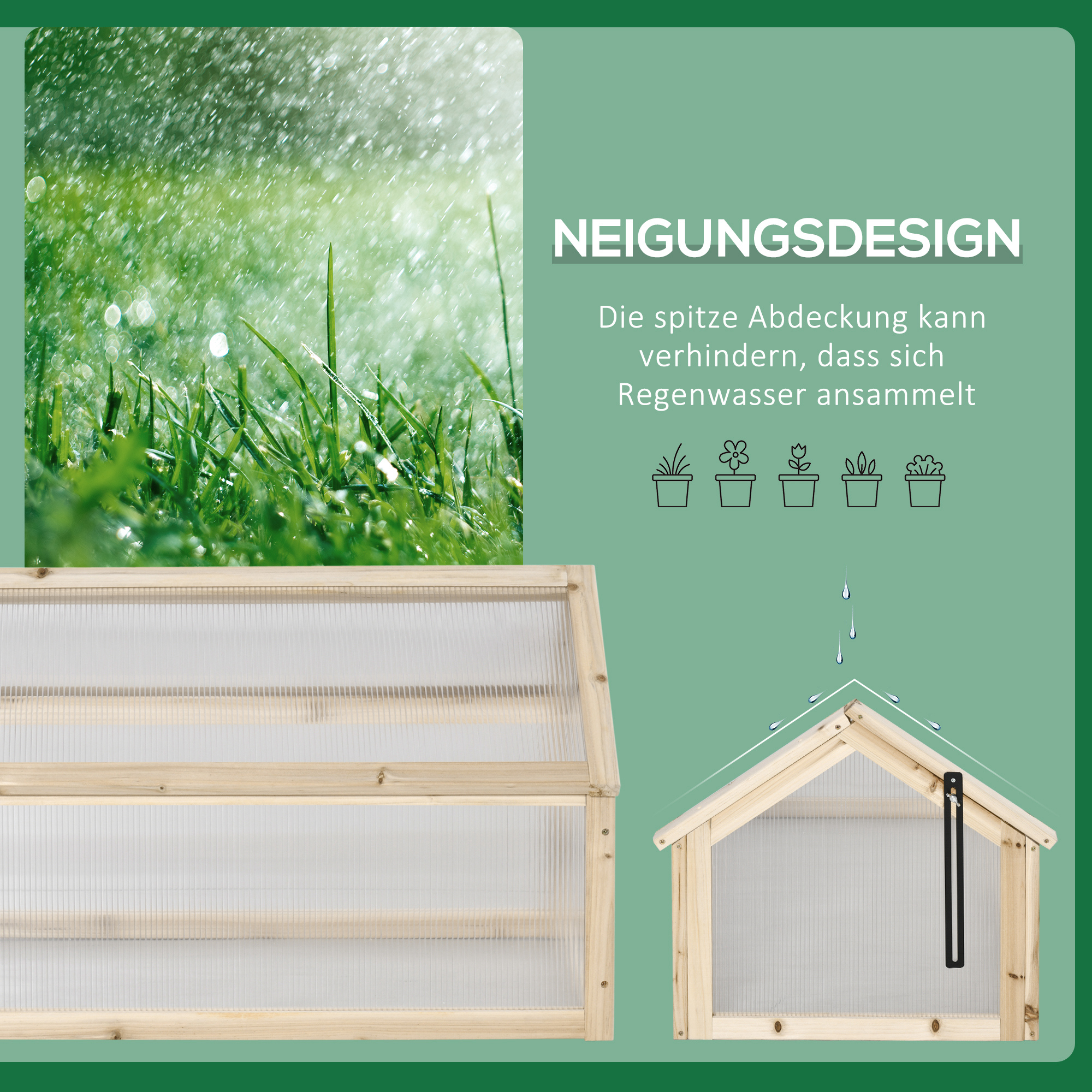 Outsunny Mini-broeikas, Compacte plantenkas van hout, Polycarbonaat platen, Ventilatieopening, 90L x 52B x 49,5H cm, Natuur