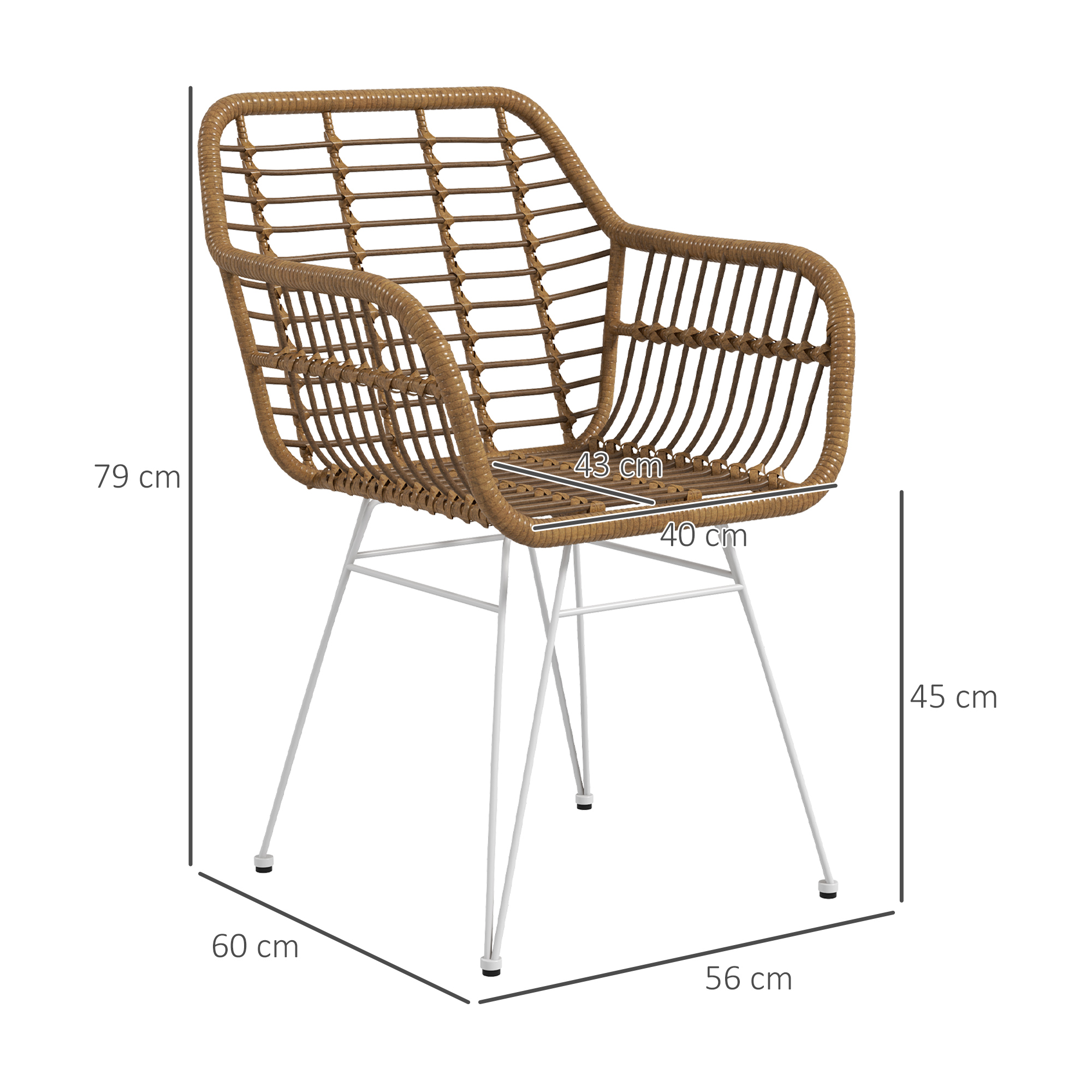 2-delige set stoelen in Boho-stijl, keukenstoelen, PE-Rattan, 56 x 60 x 79 cm, Natuur + Wit