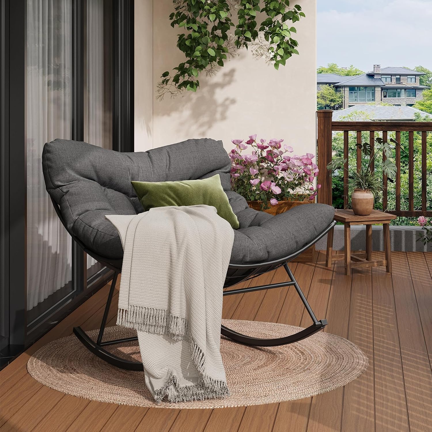GarveeLife Schaukelstuhl Oversized, Schaukelsessel mit dickem Kissen & Metallrahmen, Relaxsessel für Poolside, Garten und Hinterhof, Tragfähigkeit