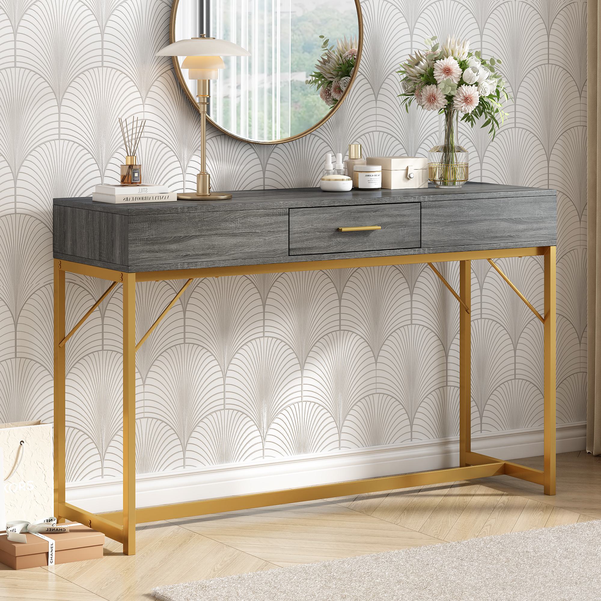 Konsolentisch mit Schublade, Leichter Luxus-Stil, MDF-Tischplatte, Metallgestell, 120×38×76 cm, Grau