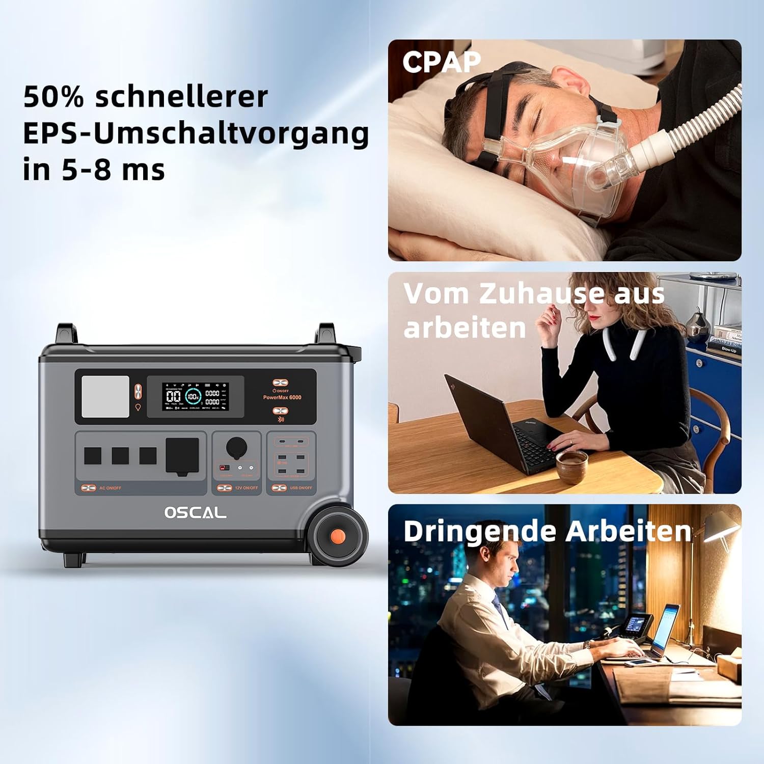 OSCAL PowerMax 6000W (9000W Peak) Solargenerator, 3600Wh Tragbare Powerstation, Erweiterbar auf 57.6kWh, LiFePO4-Akku, Vollladung in 1,96 Std, USV, Mobiler Stromspeicher für Camping, Notstrom