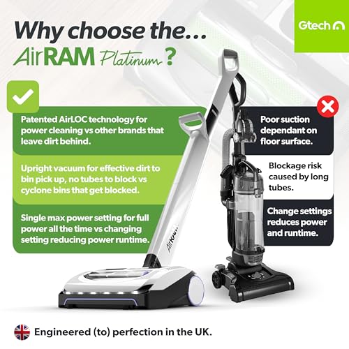 Gtech AirRAM Platinum Cordless Vacuum Cleaner   Includes Anti Hair Wrap Brush Bar   Perfect for Carpet and Hardwood Floors   Rechargeable 22v Li ion Battery   Lightweight (7 lbs.)