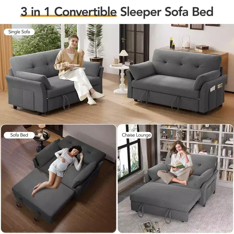 Chenille Sleeper Sofa Bed, Convertible Couch with Pull-Out Bed for Living Room