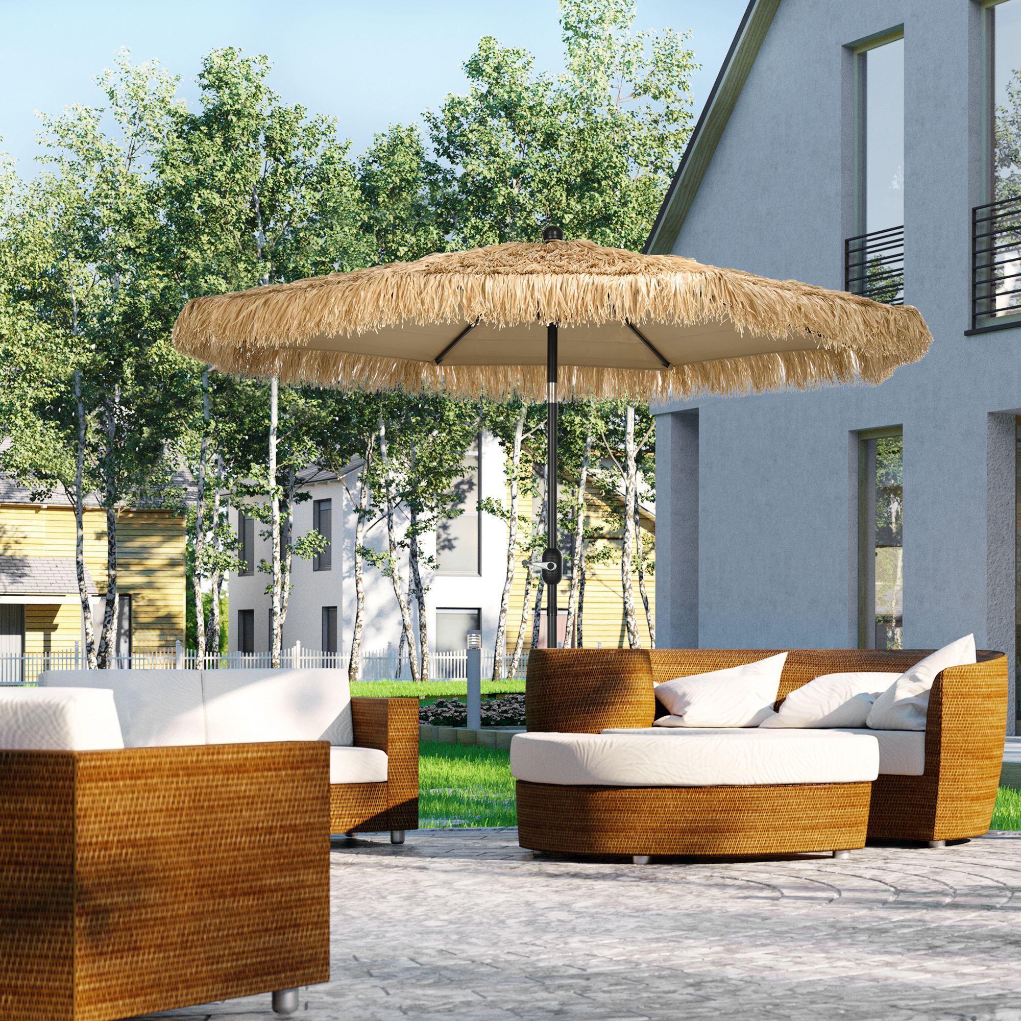 Outsunny Runder Garten-Sonnenschirm mit Strohabdeckung und Kurbel, Ø265x250 cm, Khaki