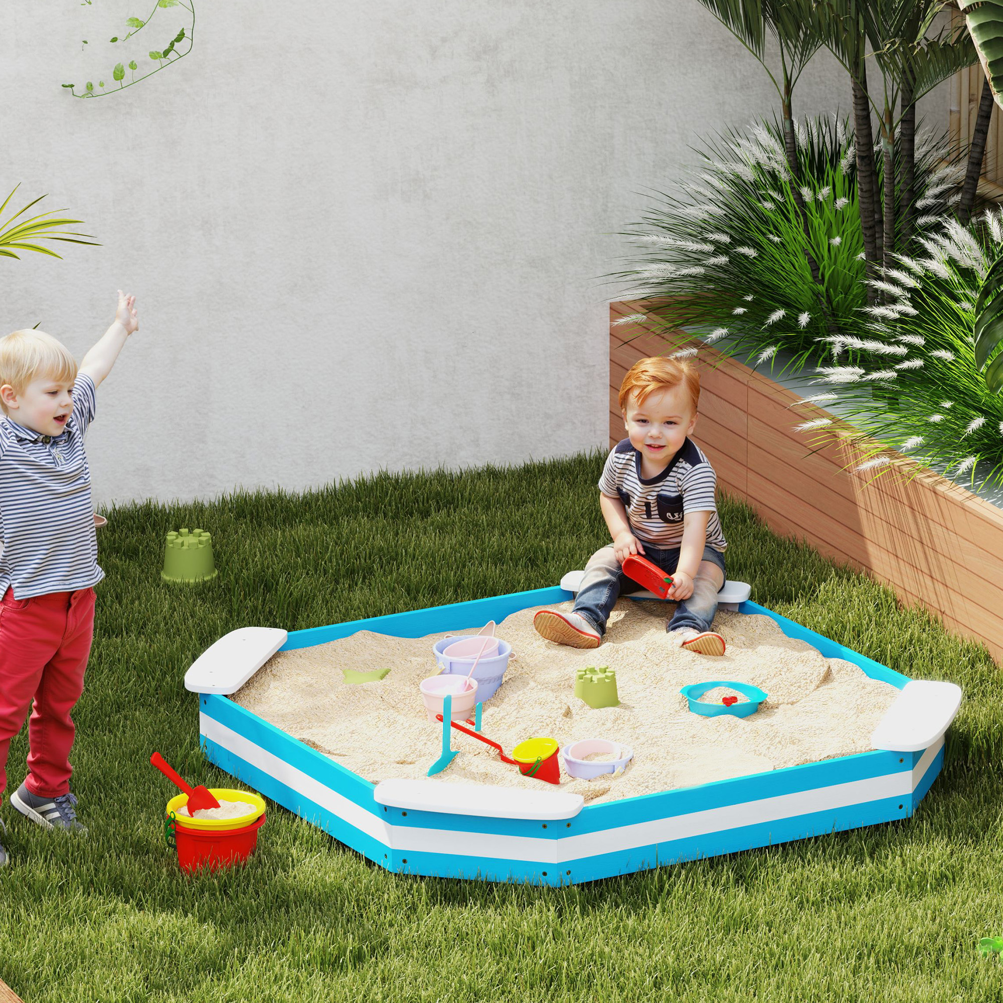 AIYAPLAY Sandkasten für Kinder, Sandkiste mit 4 Sitzen, Fichtenholz, bodenlos, Blau