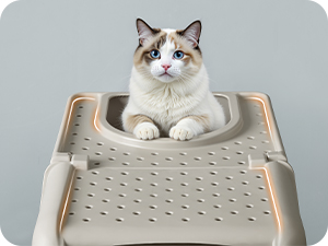 Piattaforma per toelettatura per animali domestici in plastica beige con superficie perforata. Il gatto bianco con gli occhi azzurri si trova nella parte superiore curva progettata per il comfort e la stabilità degli animali domestici
