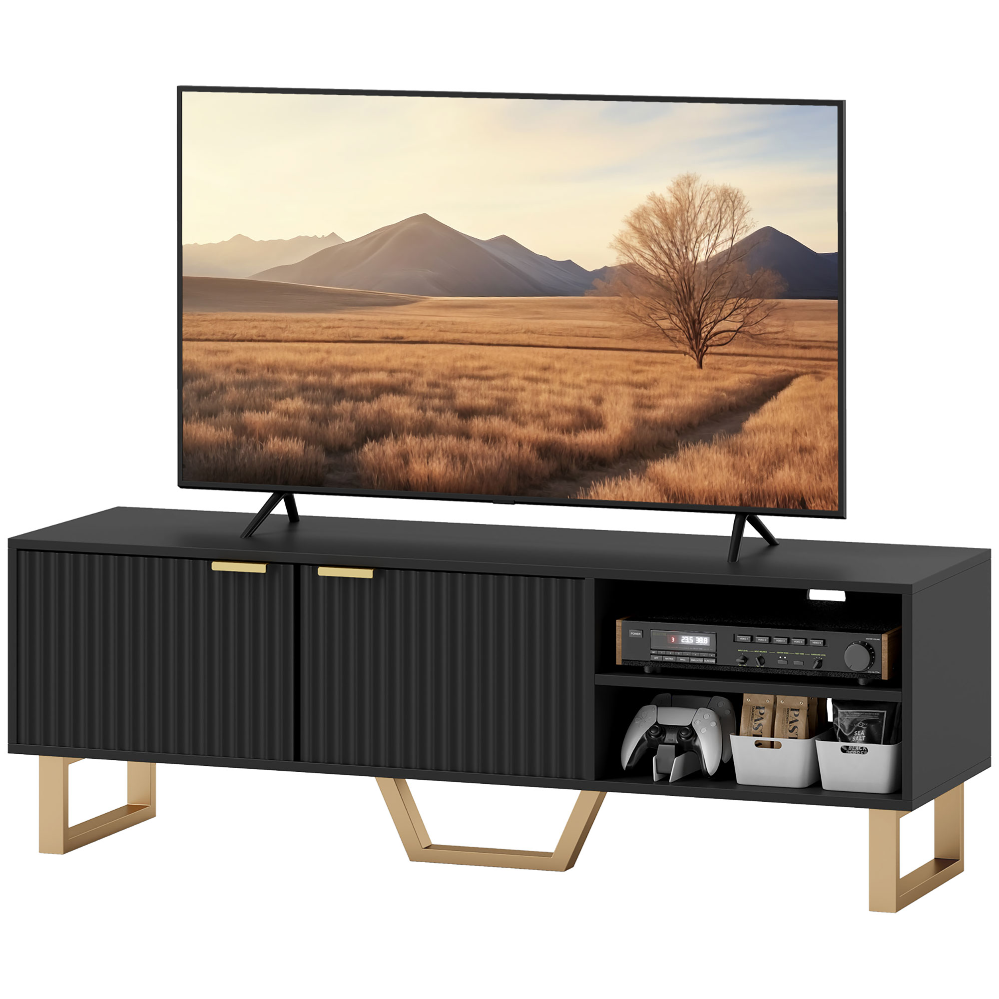 HOMCOM TV-Schrank Fernsehtisch für Fernseher bis zu 70 Zoll - 2 gerillte Türen, offenes Fach und Kabeldurchführung