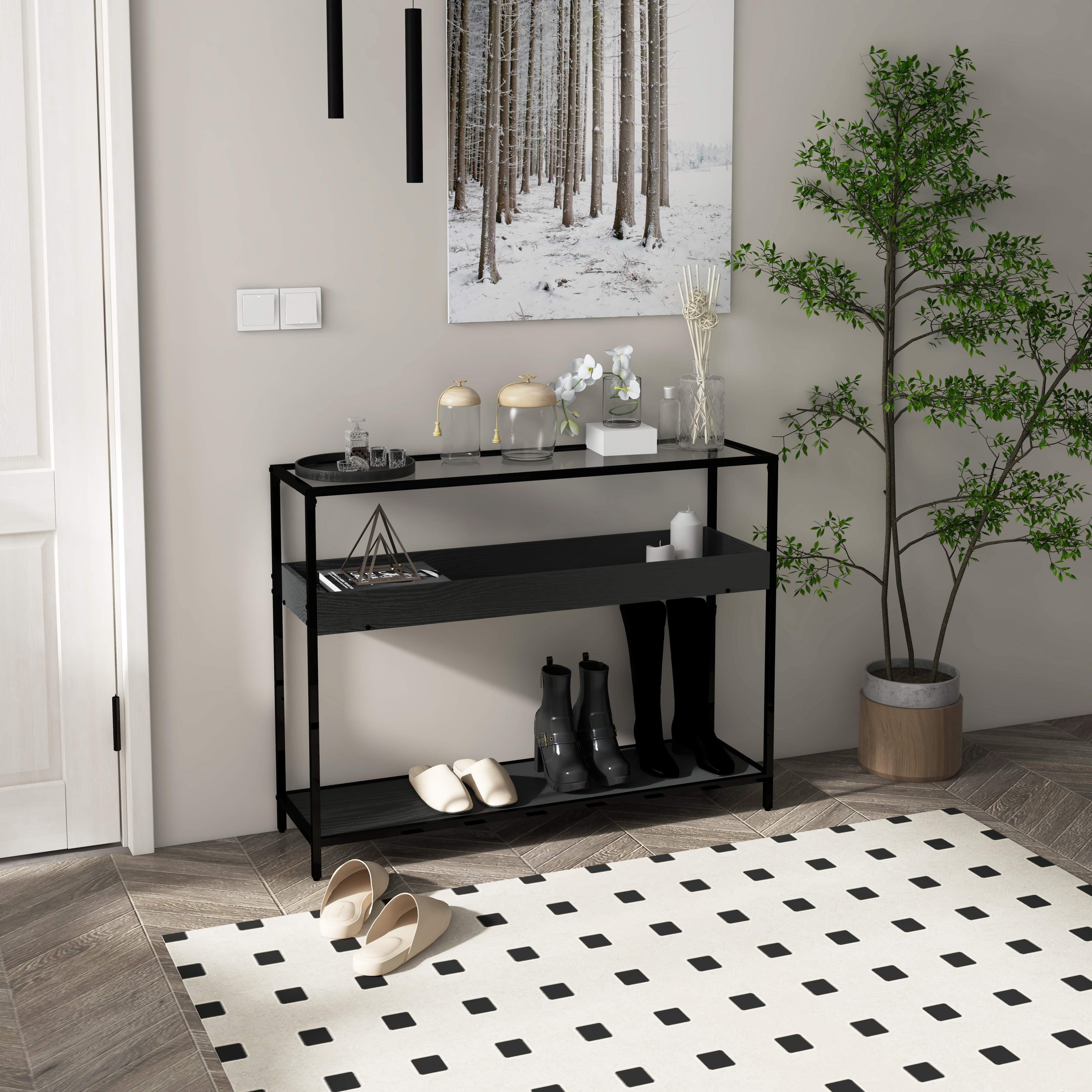 HOMCOM Konsolentisch mit 2 Regalen, Flurtisch, Flurkonsole, Schwarz