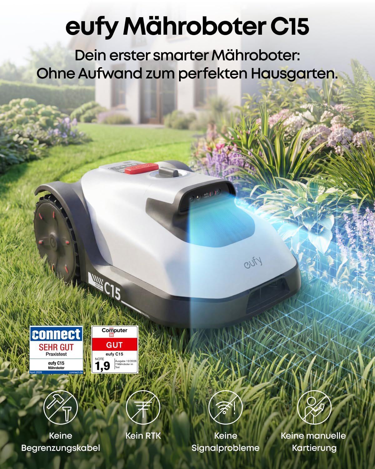 Mähroboter C15 Set mit Garage, ohne Begrenzungskabel, bis 500 m², 15 cm Schnittbreite
