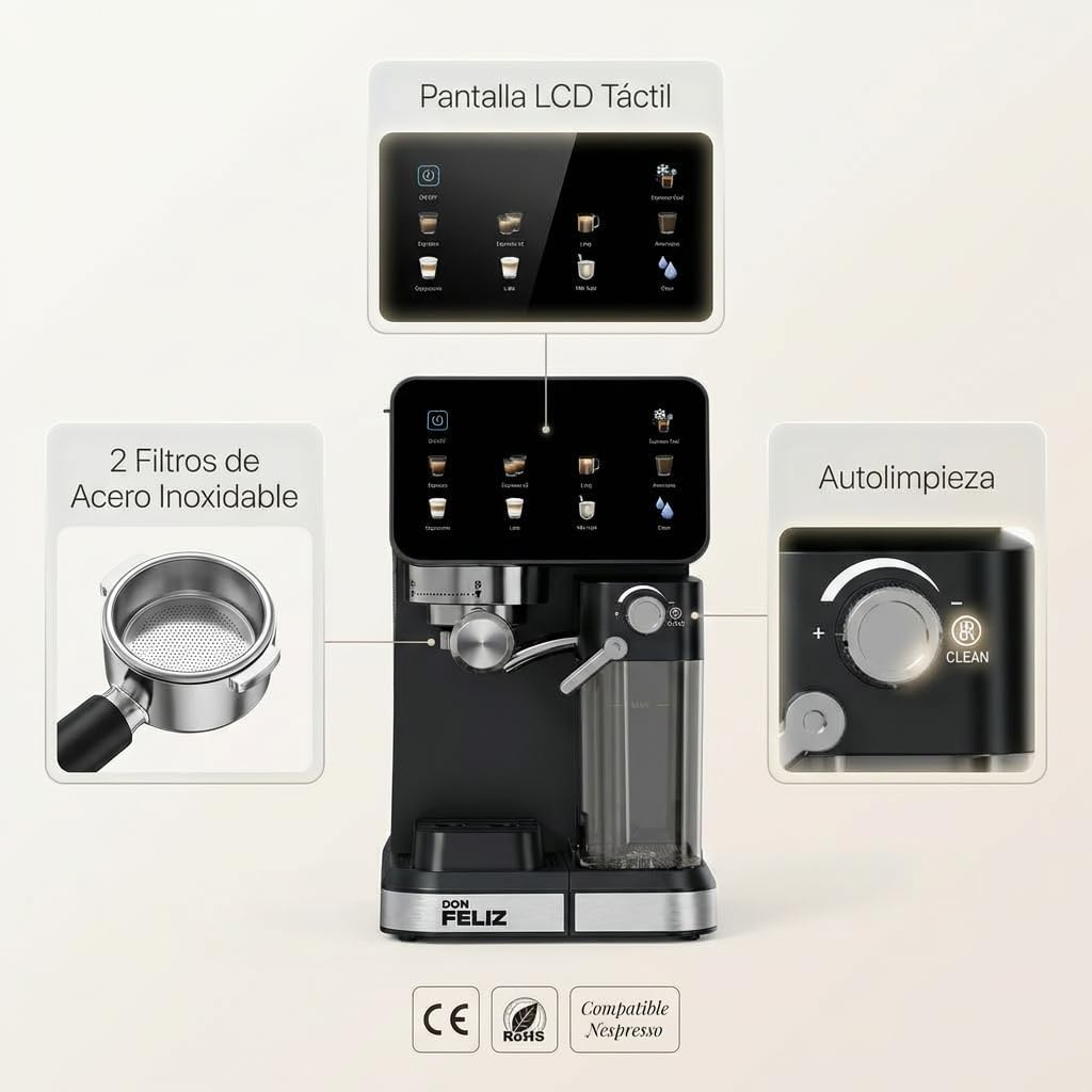 Don Feliz Macchina da caffè espresso semiautomatica, 20 bar, 1350 W, con display LCD, serbatoio del latte da 500 ml, serbatoio dell'acqua da 1,5 l, compatibile con Nespresso, Cappuccino, Americano