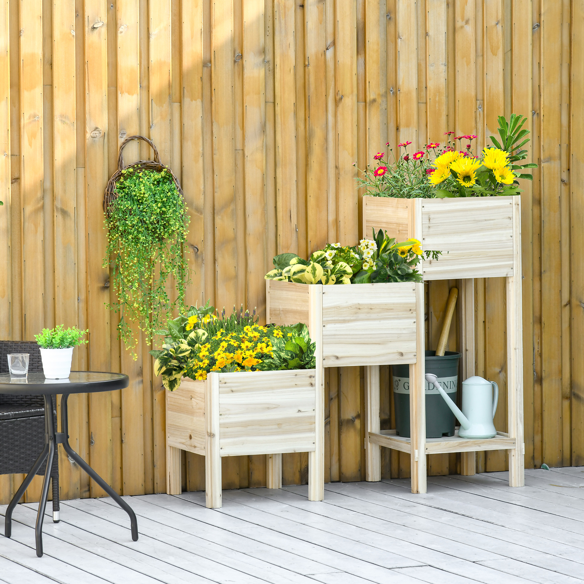 Outsunny Hochbeet 3 Etagen aus Holz mit Ablageboden & 3 Entwässerungslöchern für Garten Balkon Natur 125 x 45 x 108 cm