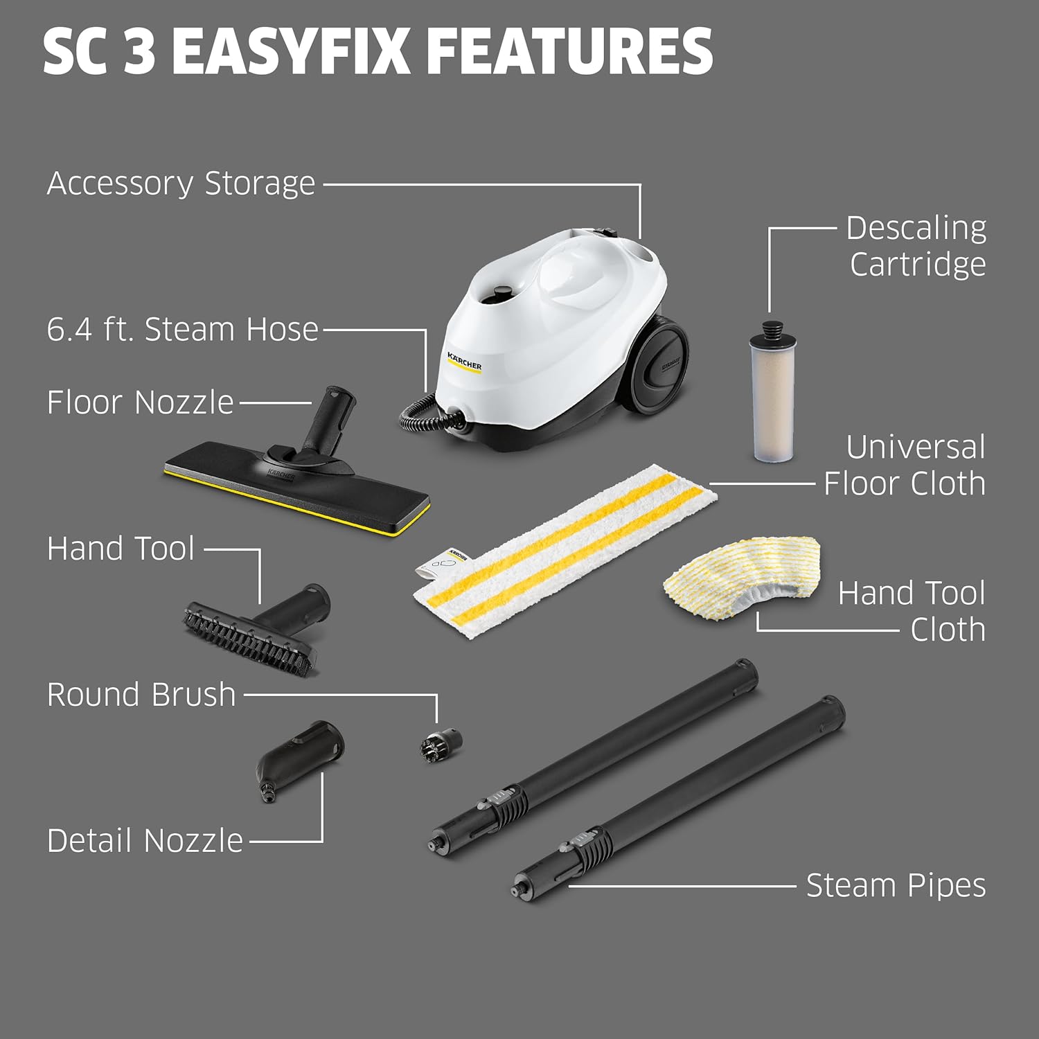 Kärcher Steam Cleaner, Multi Purpose, Power Steamer, Chemical-Free, 40 Sec Heat-Up, for Grout, Tile, Hard Floors, Appliances & More - SC 3 Easy Fix