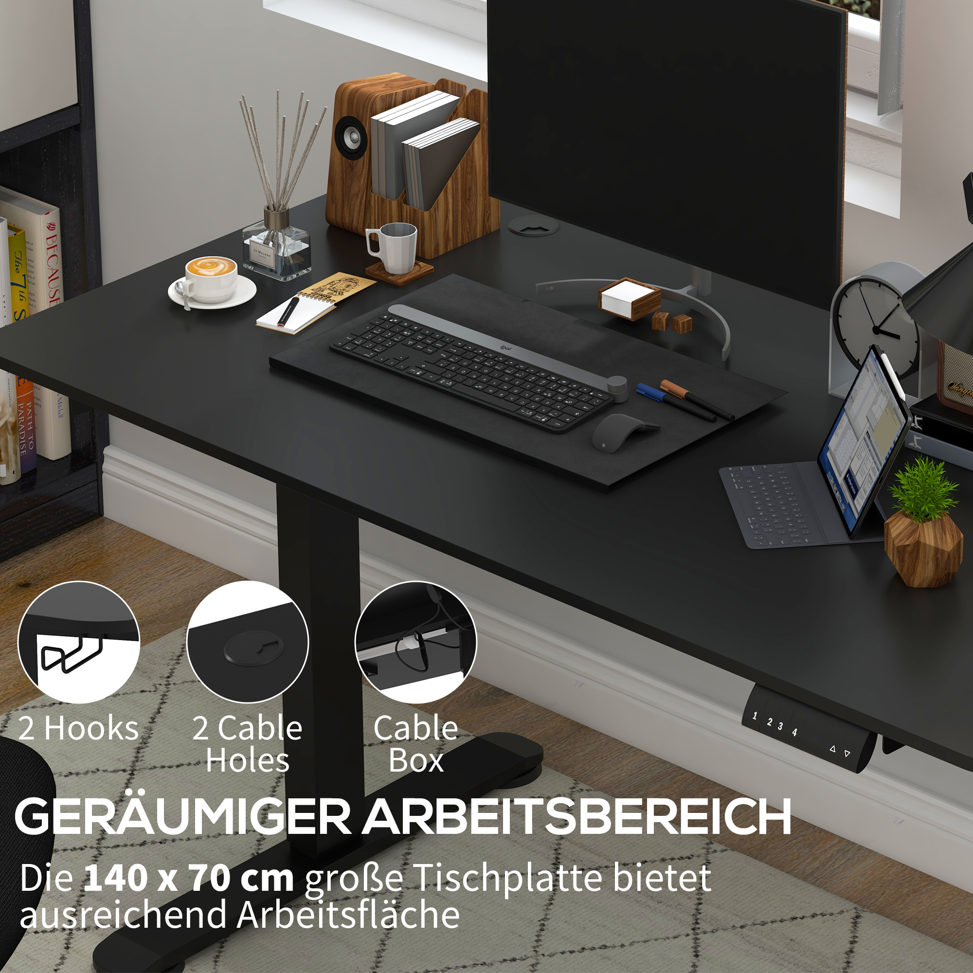 Vinsetto Verstelbaar Zit-Stabureau Computertafel, 140 cm x 70 cm x 116 cm, Zwart