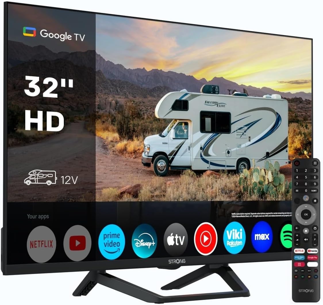 Strong SRT32HG4723C 32'' TV HD - DVB-S2/C/T2, 12V Ideale per camper, cucina, camera da letto, barca, 2 porte HDMI (1 ARC) + 1 porta USB + Mini-AV + Presa antenna/satellite - Nero